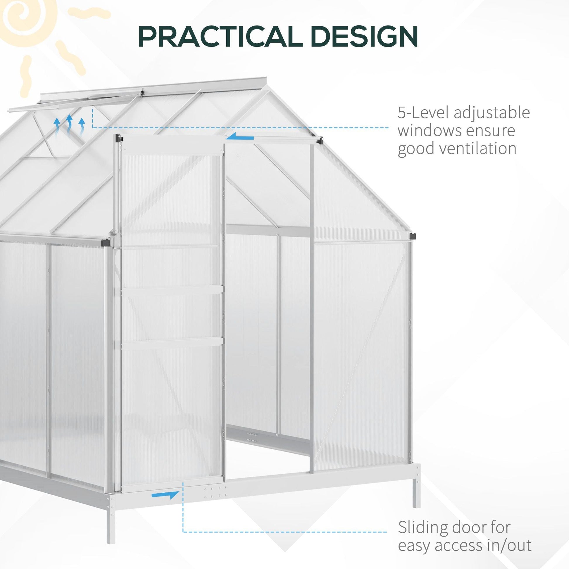 6' x 8' x 6.5' Polycarbonate Greenhouse, Walk-in Green House with Adjustable Roof Vent, Galvanized Base, Sliding Door and Rain Gutter for Outdoor, Garden, Backyard, Clear
