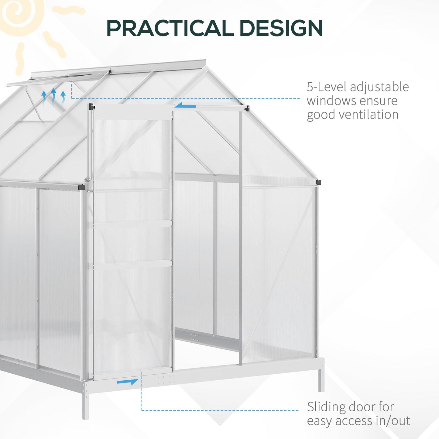 6' x 8' x 6.5' Polycarbonate Greenhouse, Walk-in Green House with Adjustable Roof Vent, Galvanized Base, Sliding Door and Rain Gutter for Outdoor, Garden, Backyard, Clear