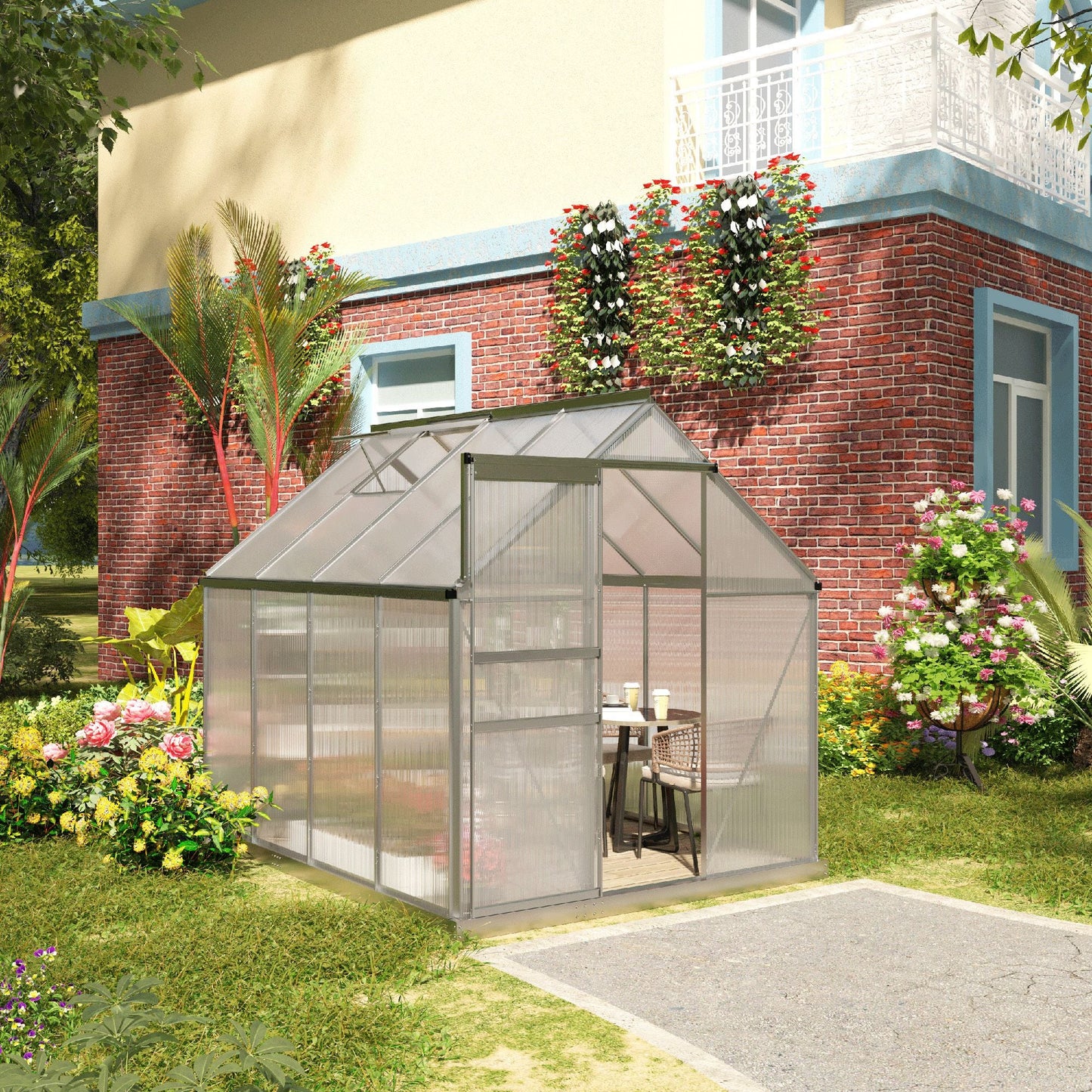 6' x 8' x 6.5' Polycarbonate Greenhouse, Walk-in Green House with Adjustable Roof Vent, Galvanized Base, Sliding Door and Rain Gutter for Outdoor, Garden, Backyard, Clear