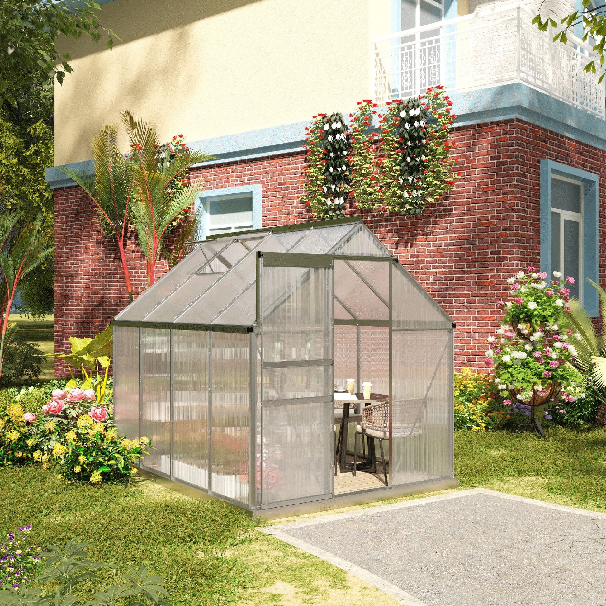 6' x 8' x 6.5' Polycarbonate Greenhouse, Walk-in Green House with Adjustable Roof Vent, Galvanized Base, Sliding Door and Rain Gutter for Outdoor, Garden, Backyard, Clear