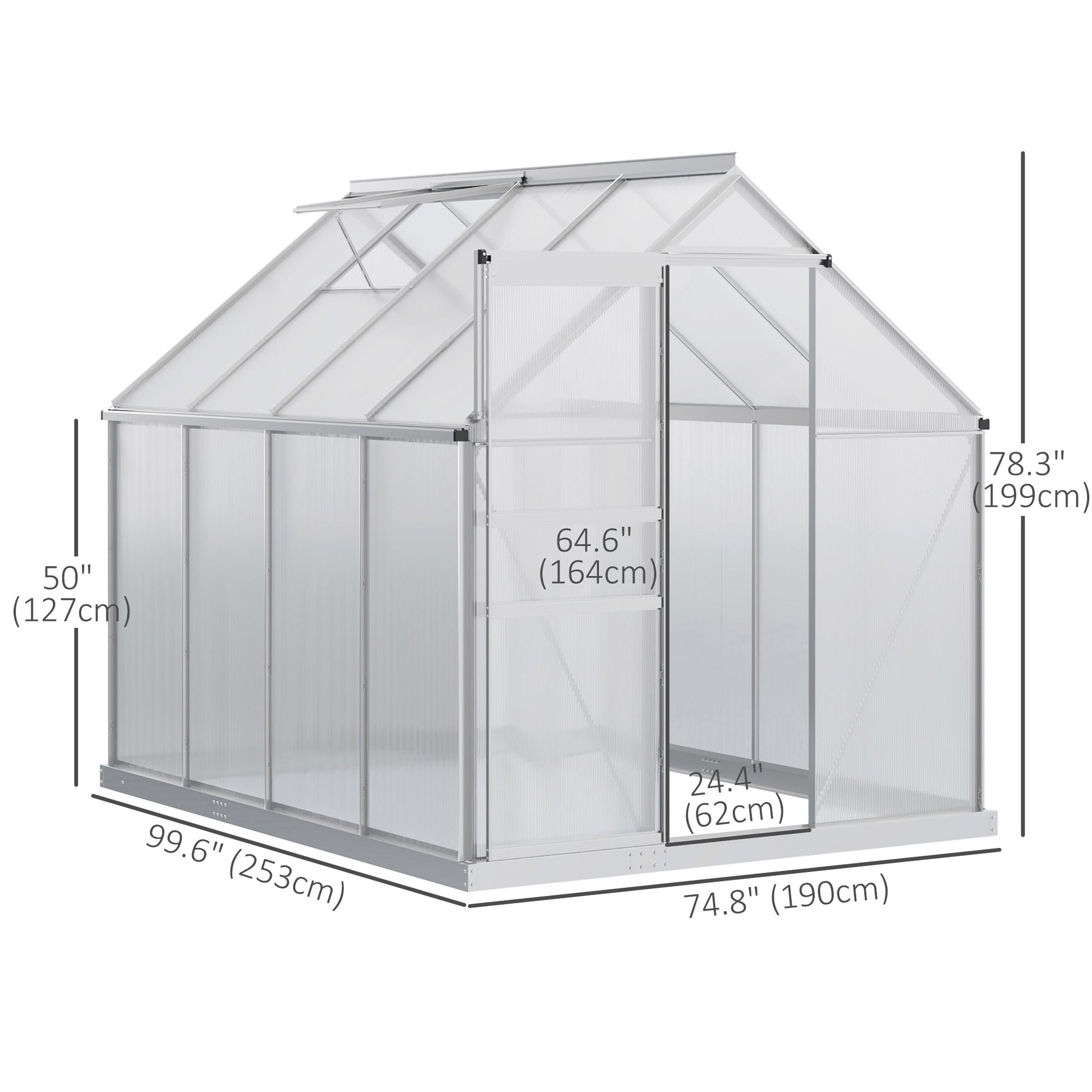 6' x 8' x 6.5' Polycarbonate Greenhouse, Walk-in Green House with Adjustable Roof Vent, Galvanized Base, Sliding Door and Rain Gutter for Outdoor, Garden, Backyard, Clear