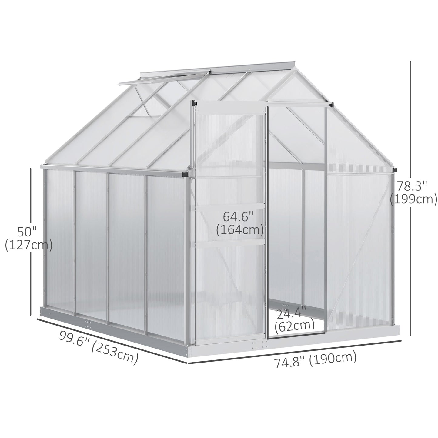6' x 8' x 6.5' Polycarbonate Greenhouse, Walk-in Green House with Adjustable Roof Vent, Galvanized Base, Sliding Door and Rain Gutter for Outdoor, Garden, Backyard, Clear