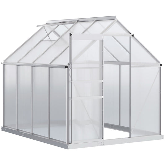 6' x 8' x 6.5' Polycarbonate Greenhouse, Walk-in Green House with Adjustable Roof Vent, Galvanized Base, Sliding Door and Rain Gutter for Outdoor, Garden, Backyard, Clear