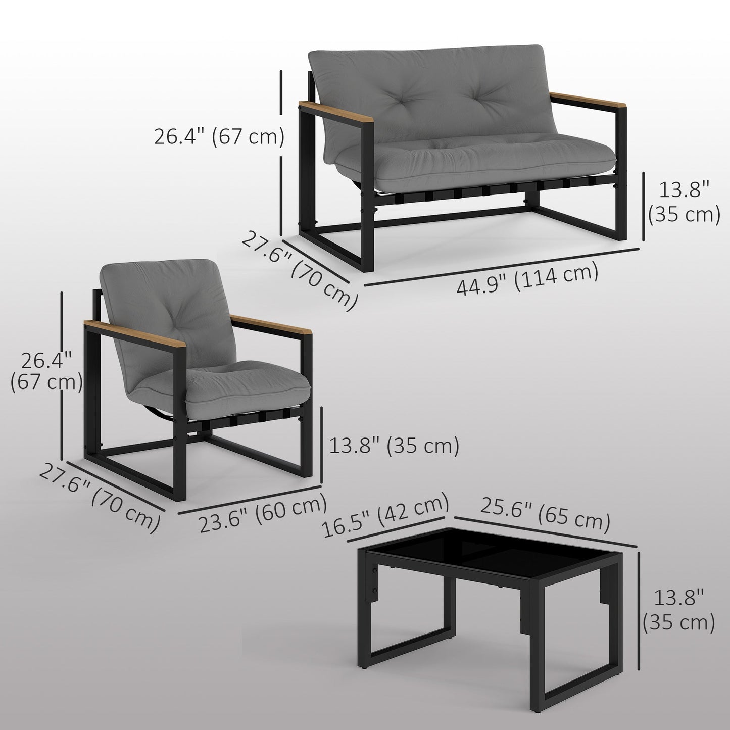 4 Piece Patio Furniture Set, Outdoor Loveseat Sofa Set with Thick Cushions and Coffee Table, Patio Conversation Set for Porch, Balcony, Deck, Light Grey
