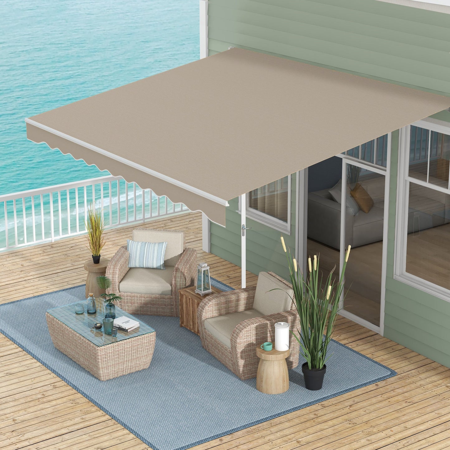 13' x 8' Manual Retractable Patio Awning Sun Shade Outdoor Deck Window Door Canopy Shelter Aluminum Frame Khaki