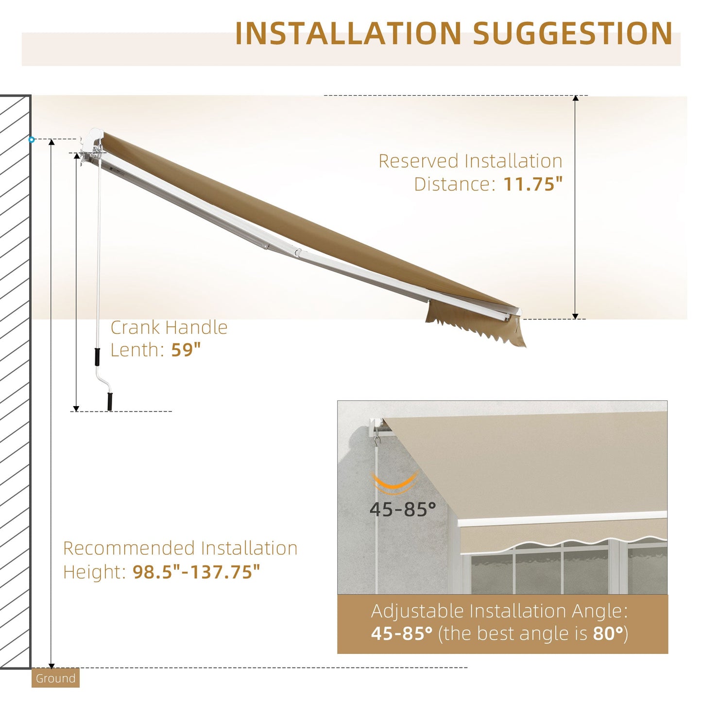 13' x 8' Manual Retractable Patio Awning Sun Shade Outdoor Deck Window Door Canopy Shelter Aluminum Frame Khaki