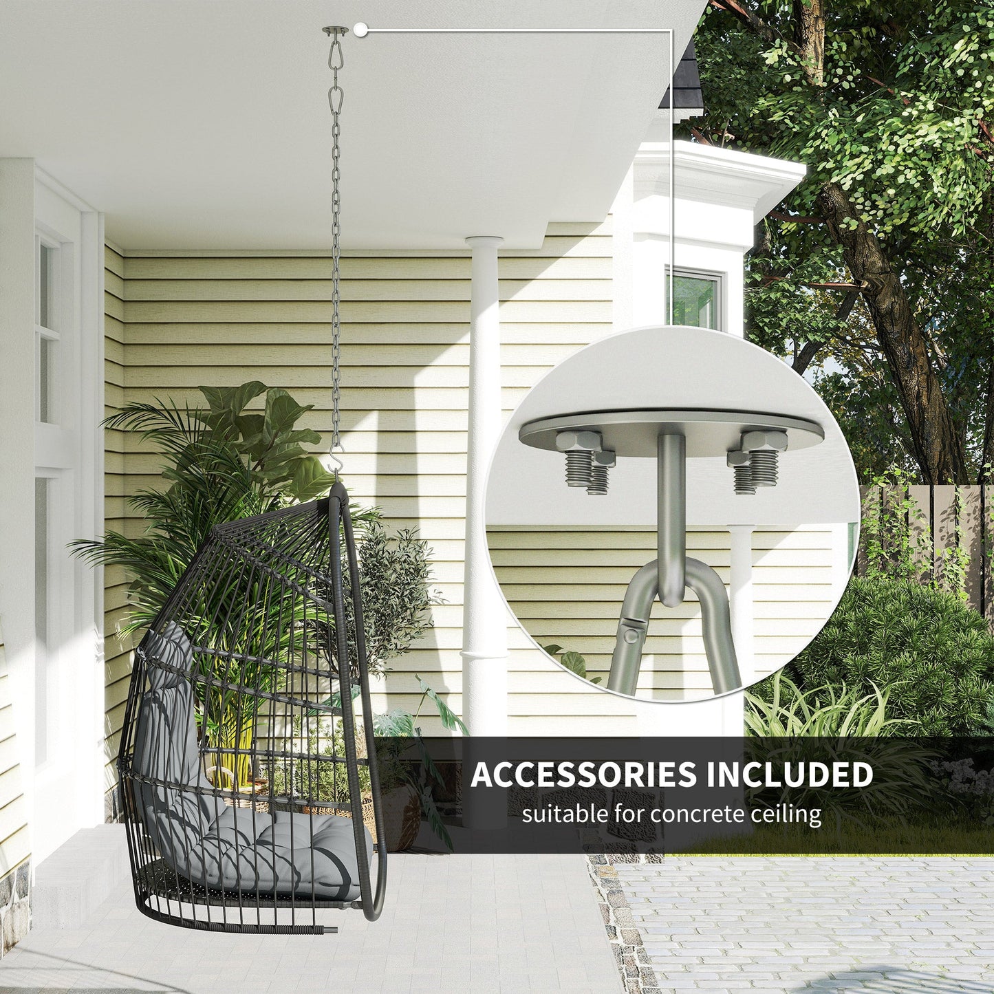 Hanging Egg Chair, Foldable Rattan Garden Swing Chair with Installation Kit, Thickened Cushion and Headrest, Hanging Egg Basket Seat for Patio, Porch, Dark Grey