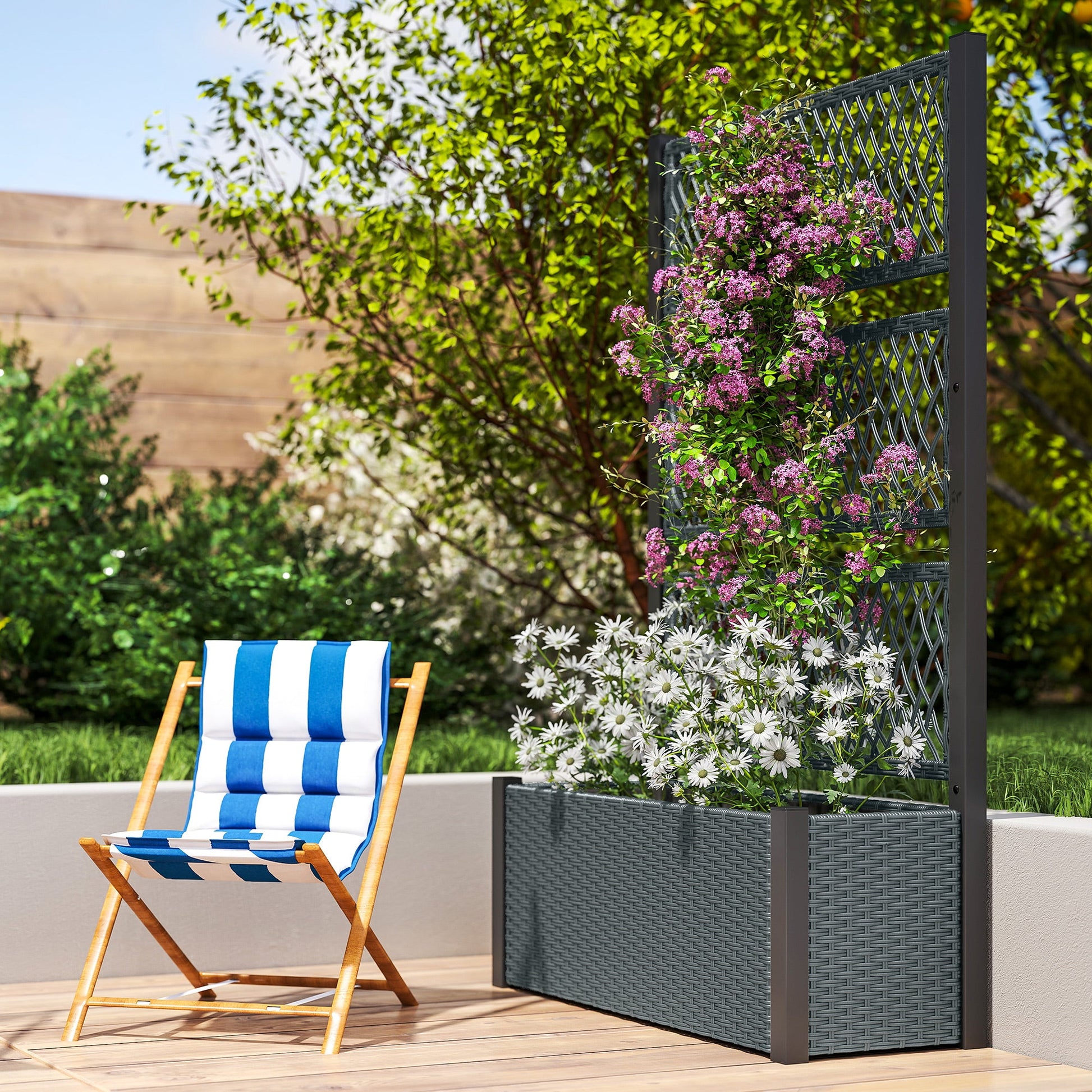 Wicker Outdoor Planter with Trellis, 58" Standing Raised Garden Bed with Liner, Drainage Holes, Privacy Screen Planter Box for Climbing Plants, Flowers, Dark Grey