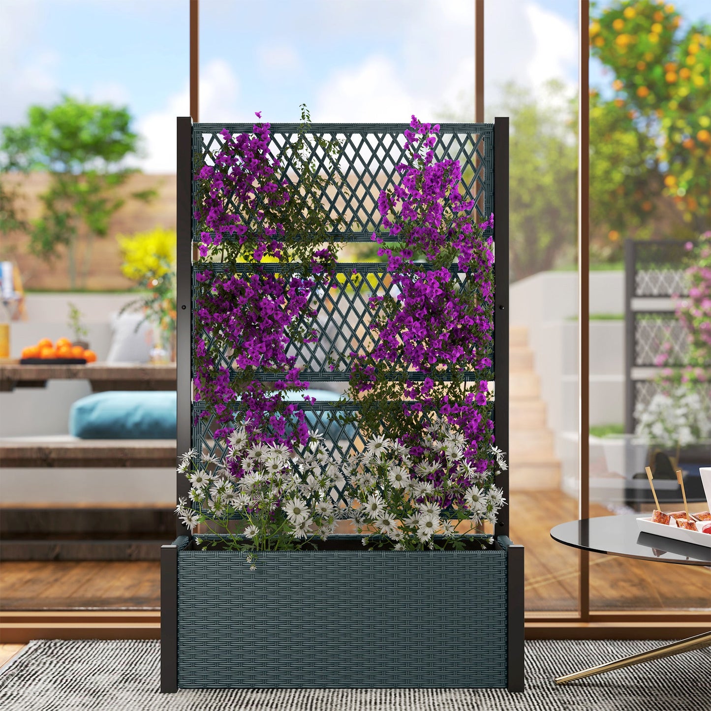 Wicker Outdoor Planter with Trellis, 58" Standing Raised Garden Bed with Liner, Drainage Holes, Privacy Screen Planter Box for Climbing Plants, Flowers, Dark Grey