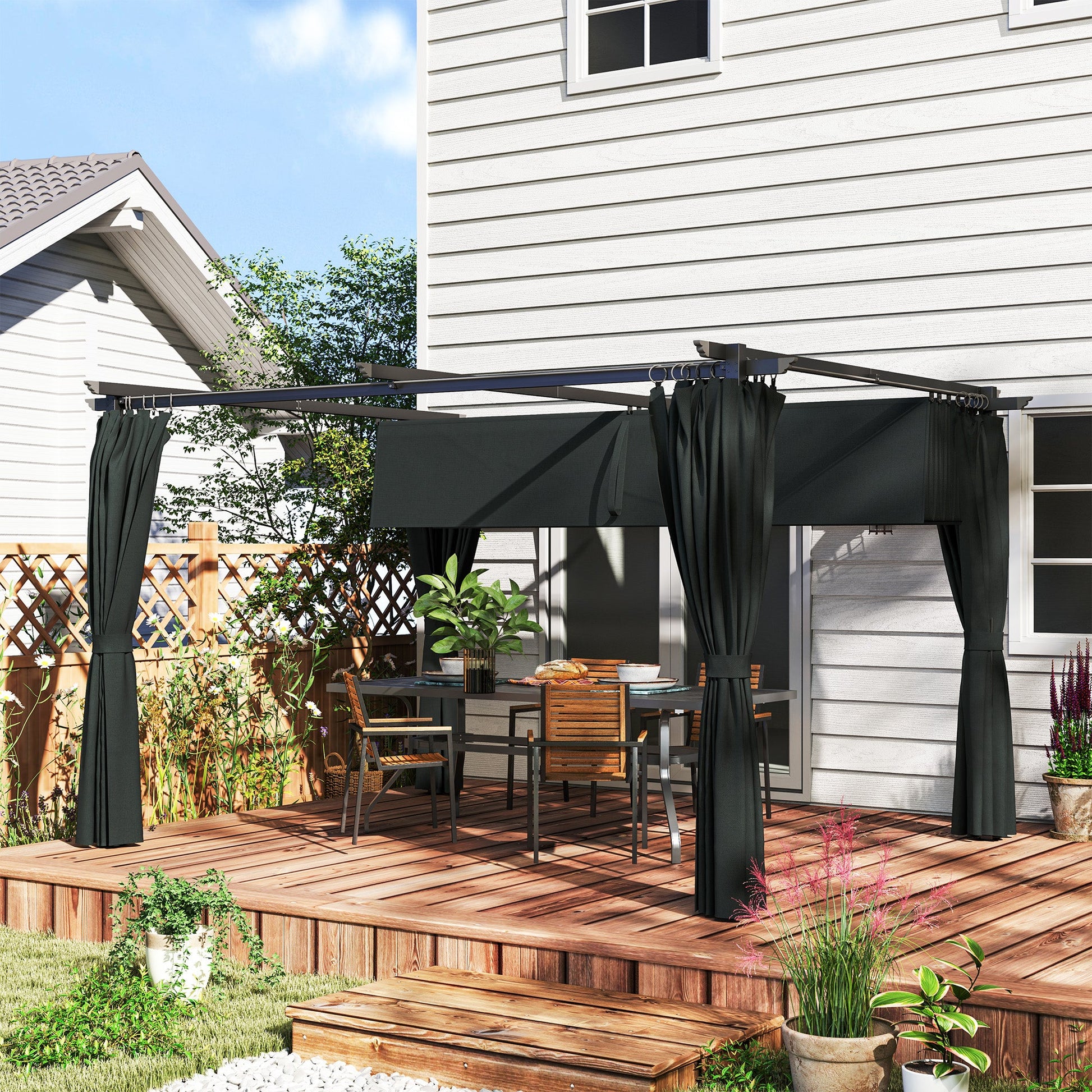 10' x 13' Retractable Pergola Canopy with Curtains, Outdoor Gazebo UPF30+ Sun Shade Shelter for Grill, Garden, Patio, Backyard, Deck, Dark Grey