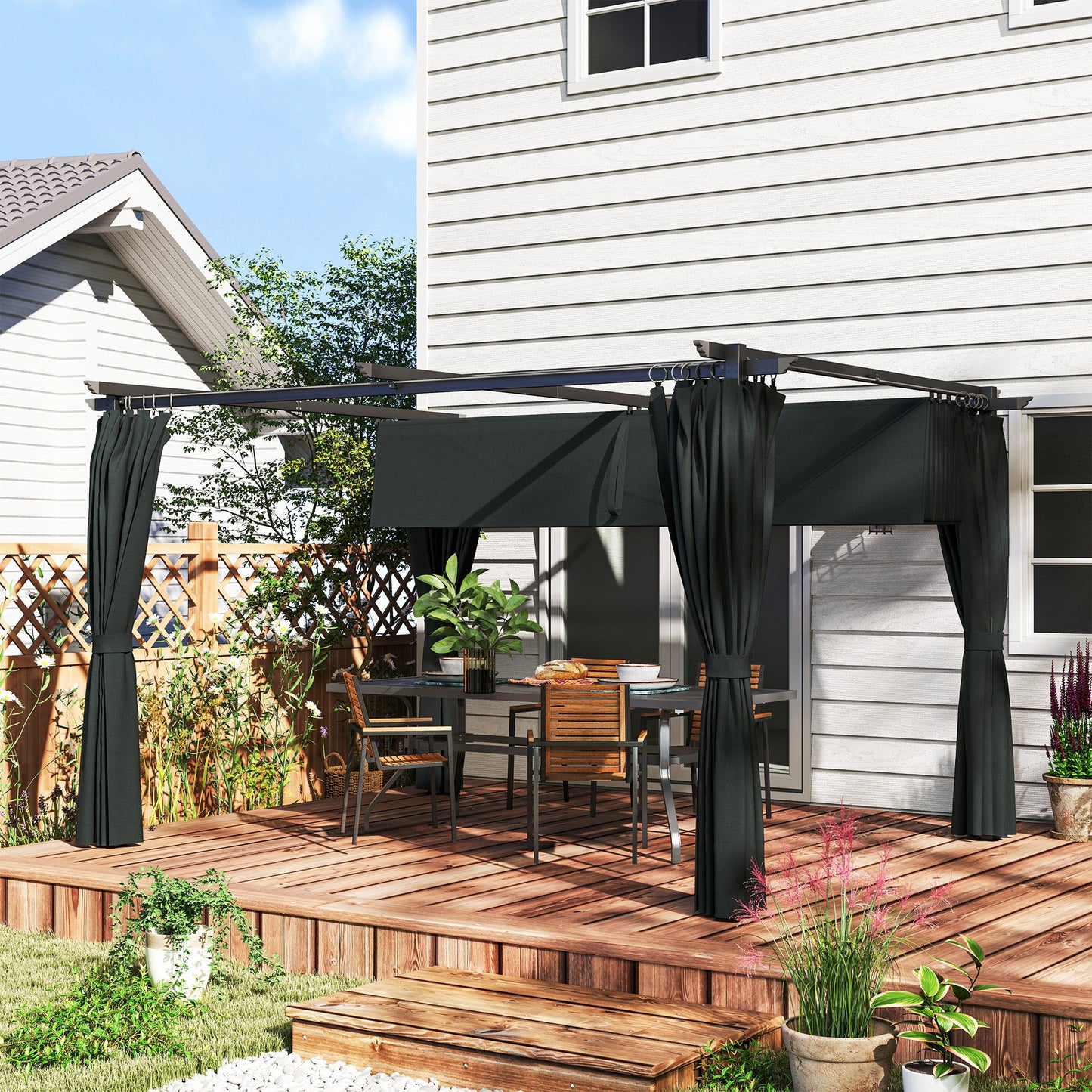 10' x 13' Retractable Pergola Canopy with Curtains, Outdoor Gazebo UPF30+ Sun Shade Shelter for Grill, Garden, Patio, Backyard, Deck, Dark Grey
