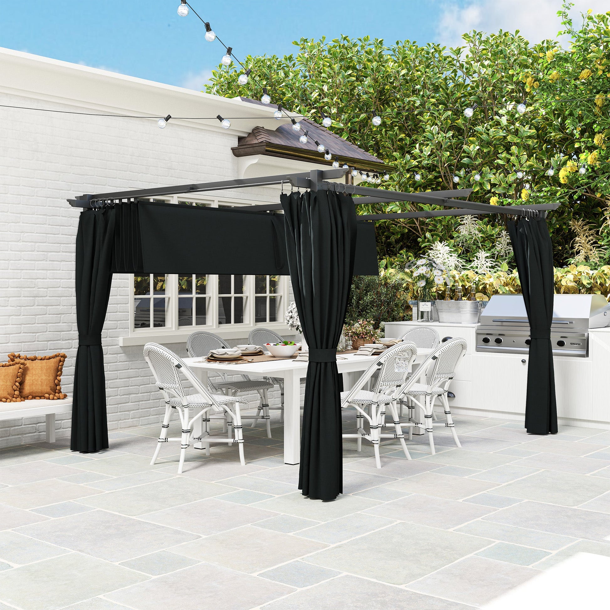 10' x 13' Retractable Pergola Canopy with Curtains, Outdoor Gazebo UPF30+ Sun Shade Shelter for Grill, Garden, Patio, Backyard, Deck, Dark Grey