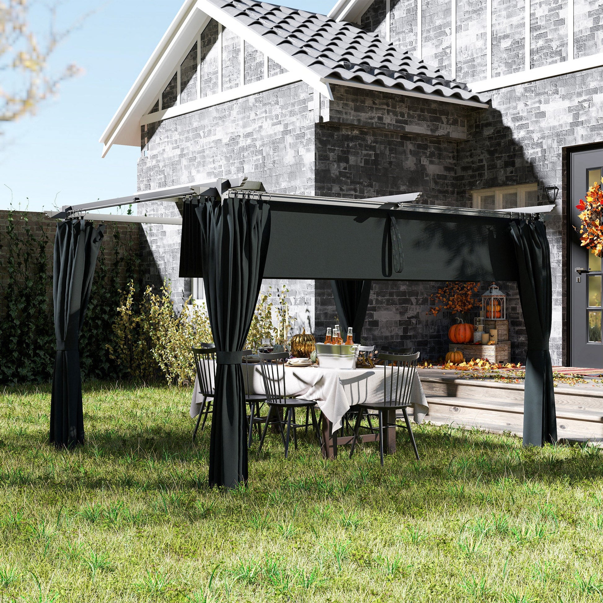 10' x 13' Retractable Pergola Canopy with Curtains, Outdoor Gazebo UPF30+ Sun Shade Shelter for Grill, Garden, Patio, Backyard, Deck, Dark Grey