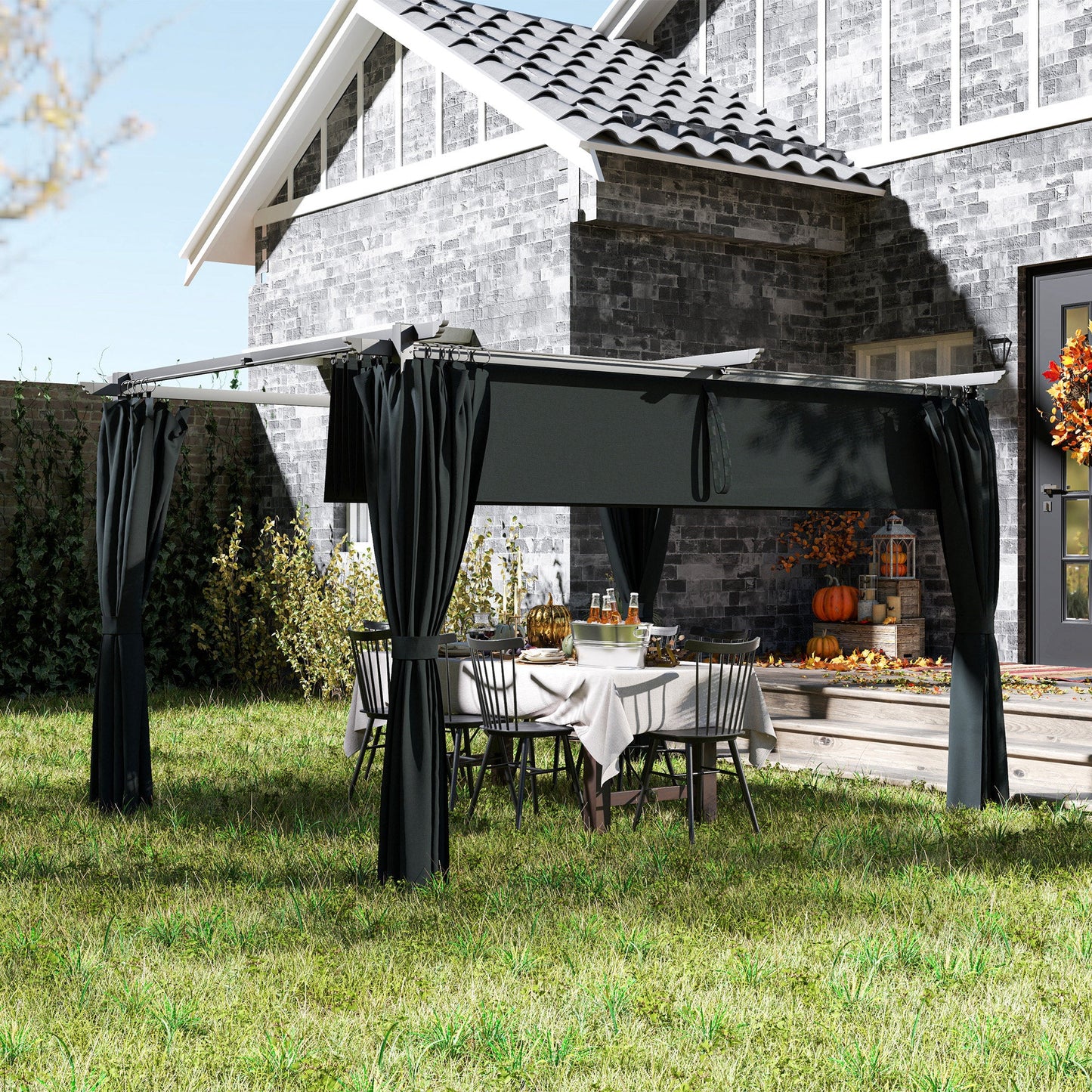 10' x 13' Retractable Pergola Canopy with Curtains, Outdoor Gazebo UPF30+ Sun Shade Shelter for Grill, Garden, Patio, Backyard, Deck, Dark Grey