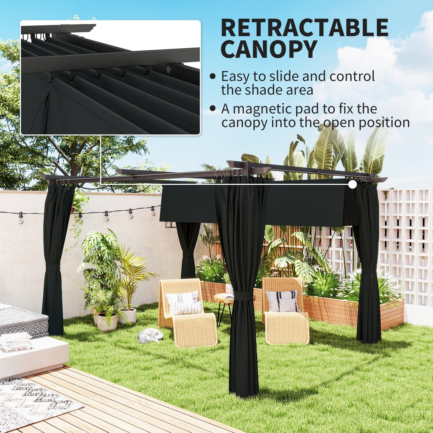 10' x 13' Retractable Pergola Canopy with Curtains, Outdoor Gazebo UPF30+ Sun Shade Shelter for Grill, Garden, Patio, Backyard, Deck, Dark Grey