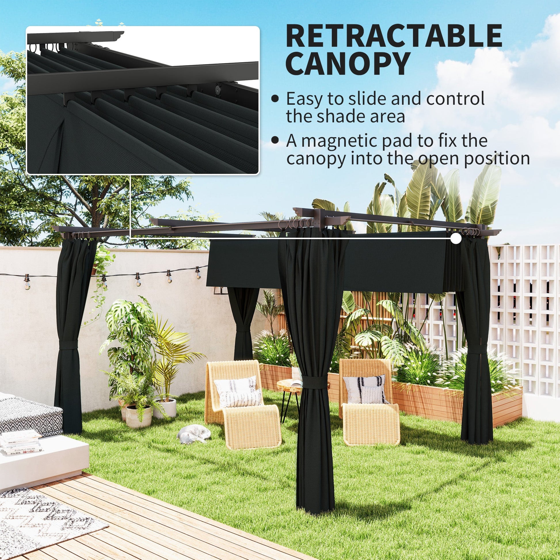 10' x 13' Retractable Pergola Canopy with Curtains, Outdoor Gazebo UPF30+ Sun Shade Shelter for Grill, Garden, Patio, Backyard, Deck, Dark Grey