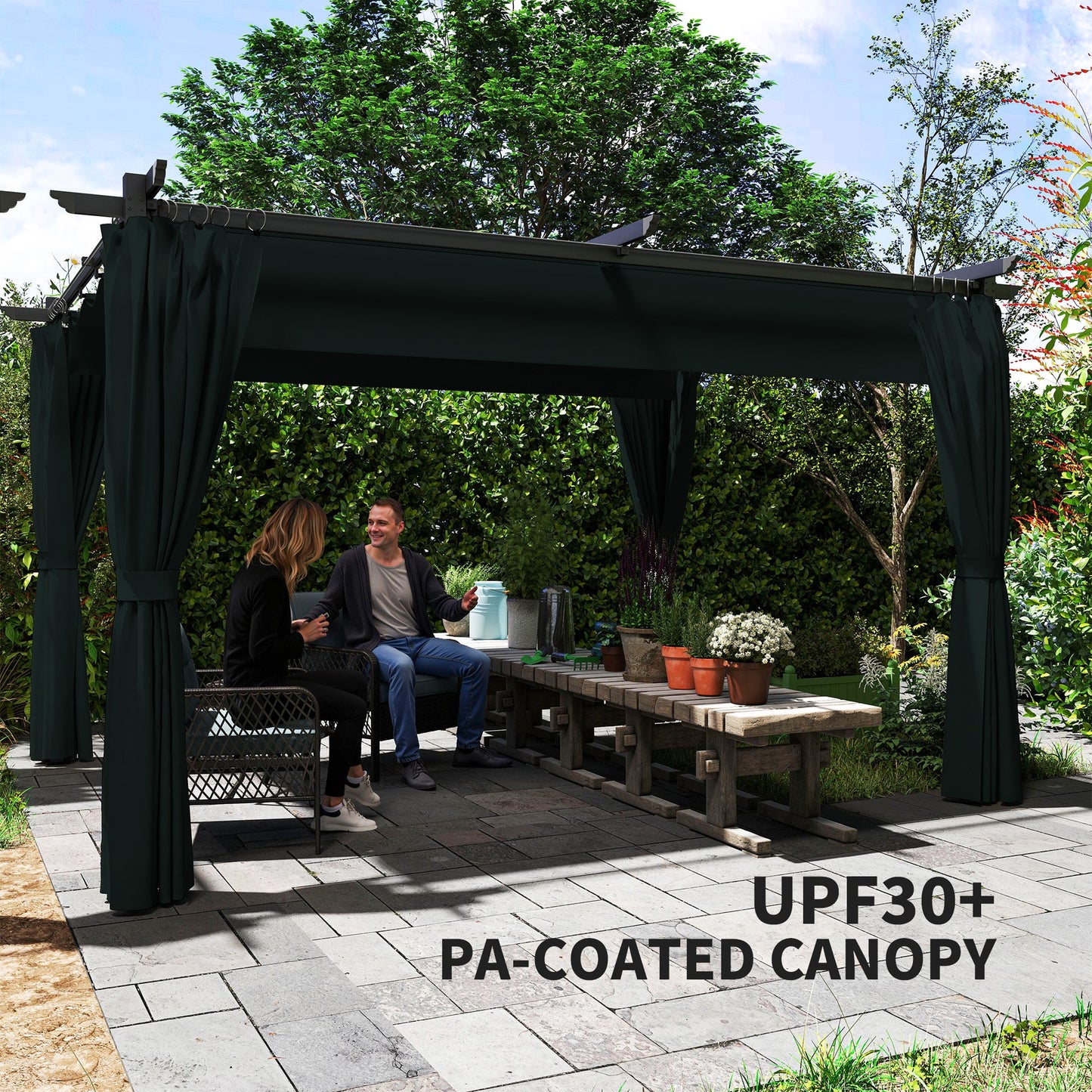 10' x 13' Retractable Pergola Canopy with Curtains, Outdoor Gazebo UPF30+ Sun Shade Shelter for Grill, Garden, Patio, Backyard, Deck, Dark Grey