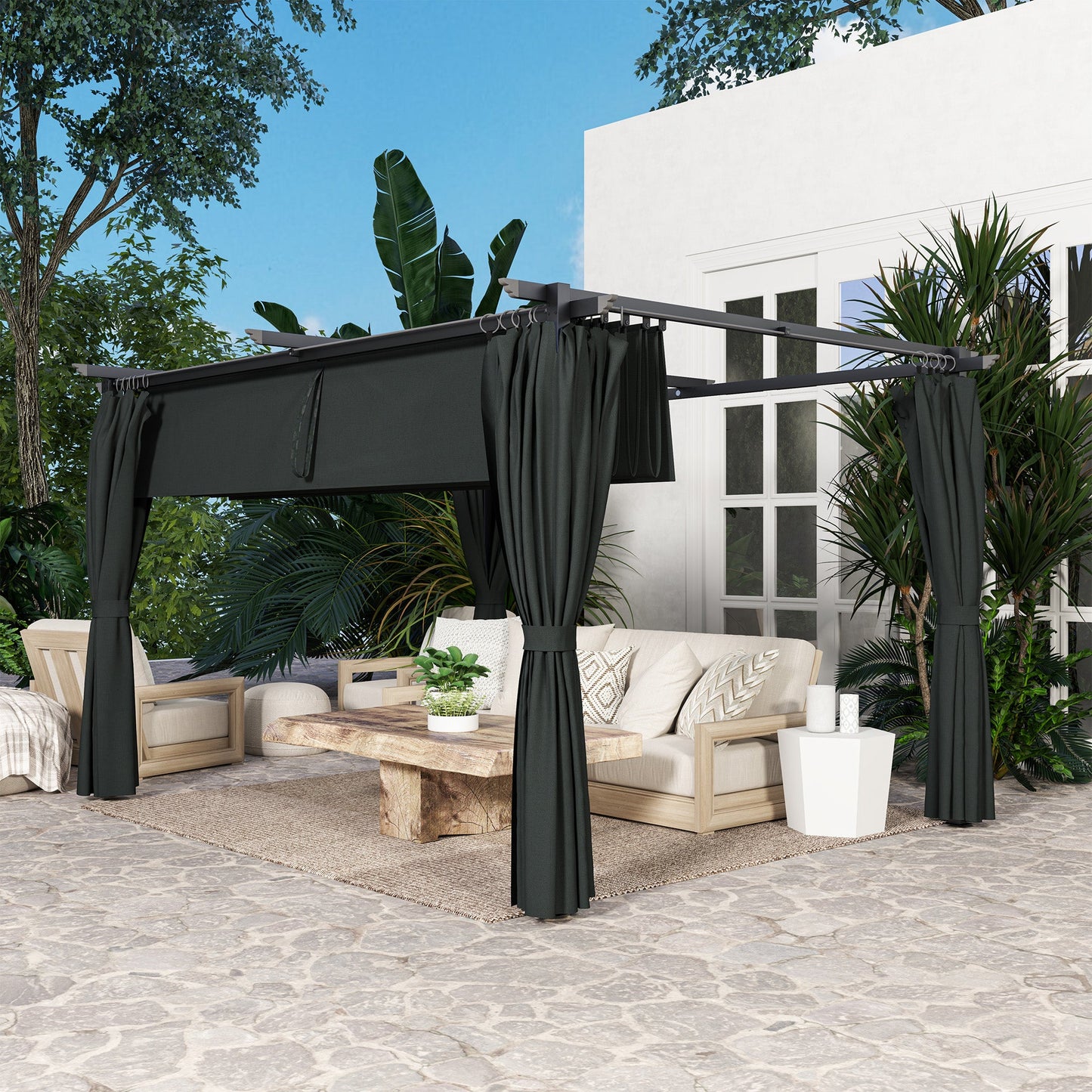 10' x 13' Retractable Pergola Canopy with Curtains, Outdoor Gazebo UPF30+ Sun Shade Shelter for Grill, Garden, Patio, Backyard, Deck, Dark Grey