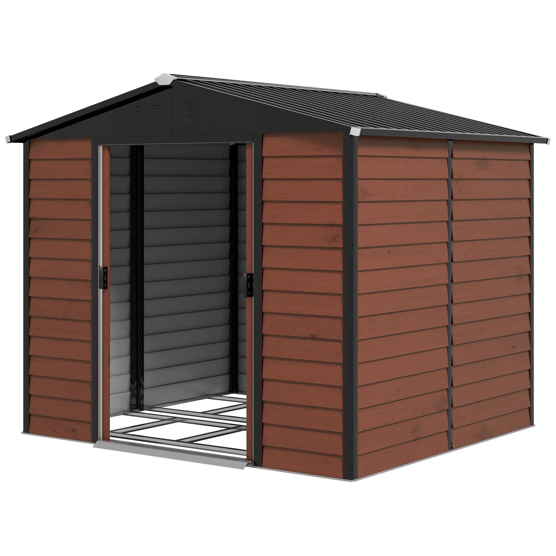 8' x 7' Outdoor Storage Shed, Easy to Assemble, Upgraded Galvanized Metal Garden Shed with Lockable Doors, Floor Frame and Gloves for Backyard, Lawn, Patio, Teak