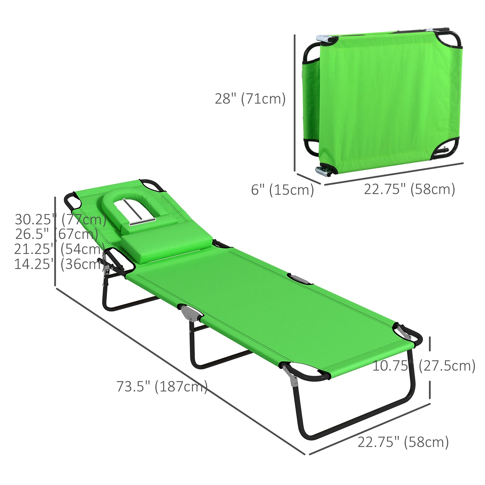 2PCS Adjustable Outdoor Lounge Chair, Garden Folding Chaise Lounge with Face Hole Reclining Tanning Chair Seat, Folding Camping Beach Lounging Bed w/ Head Support, Green