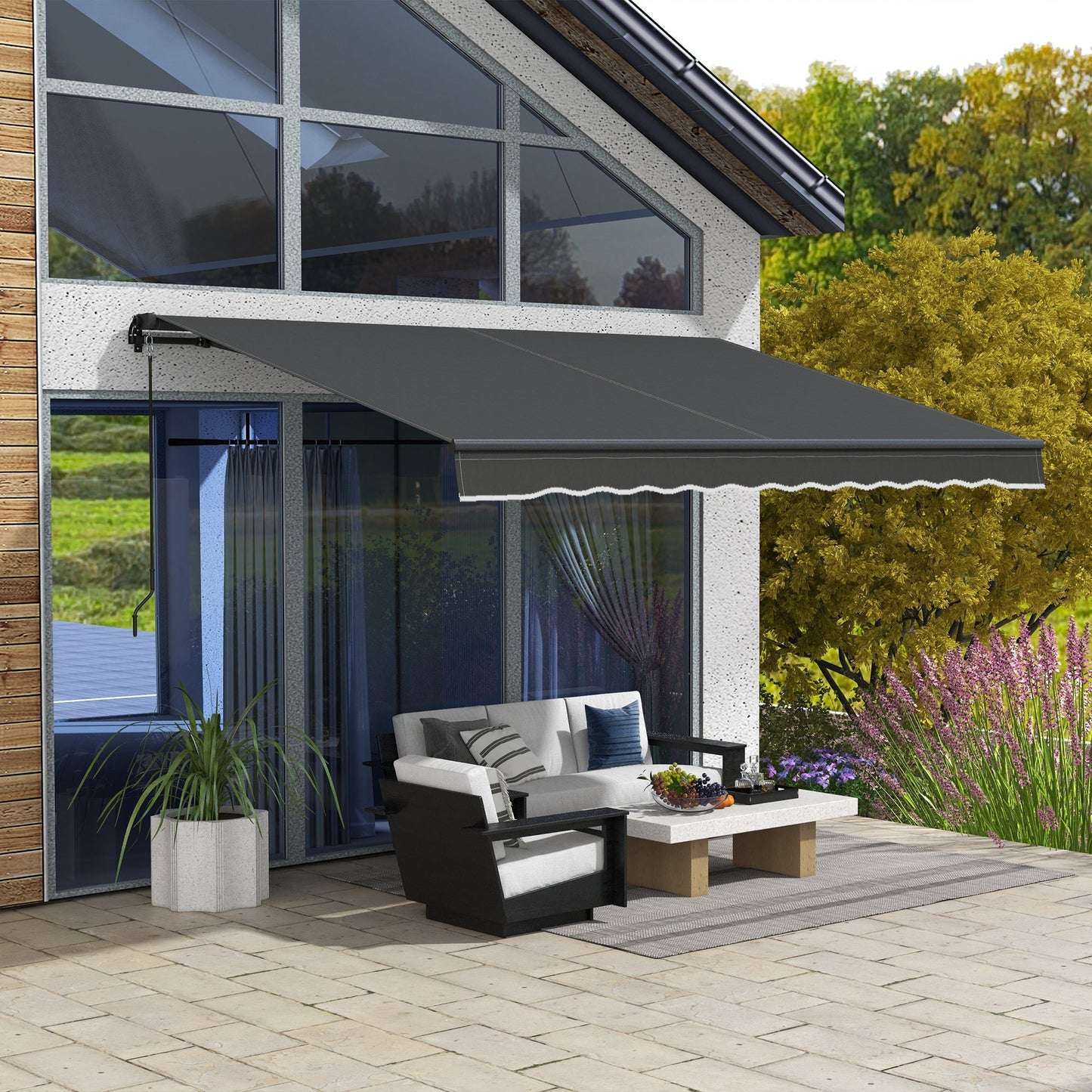  12' x 10' Retractable Awning, Patio Awning Sunshade Shelter with Manual Crank Handle, 280gsm UV Resistant Fabric and Aluminum Frame, for Balcony, Yard, Black