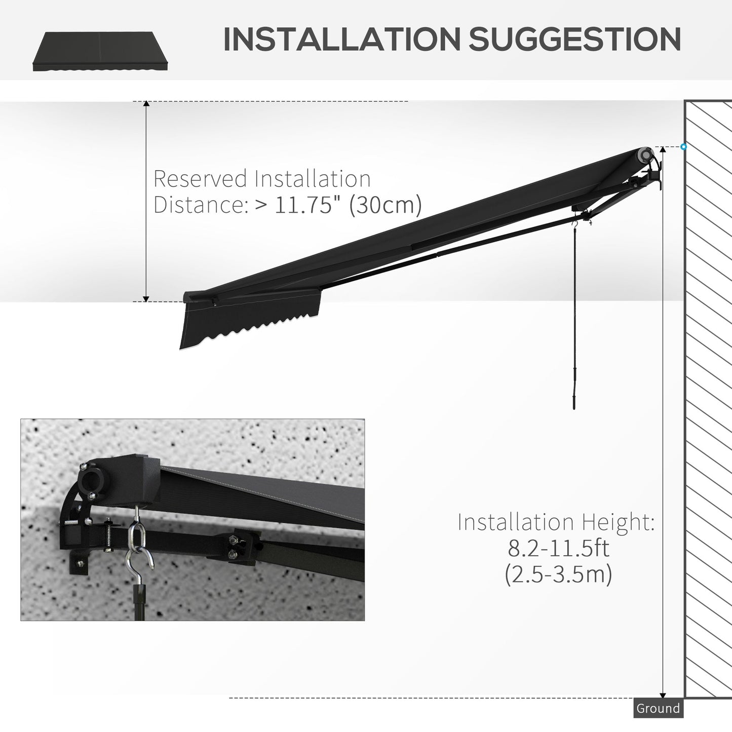  12' x 10' Retractable Awning, Patio Awning Sunshade Shelter with Manual Crank Handle, 280gsm UV Resistant Fabric and Aluminum Frame, for Balcony, Yard, Black