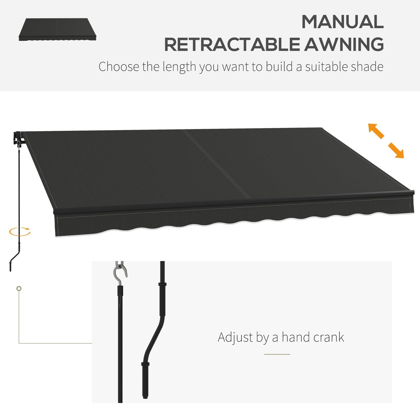  12' x 10' Retractable Awning, Patio Awning Sunshade Shelter with Manual Crank Handle, 280gsm UV Resistant Fabric and Aluminum Frame, for Balcony, Yard, Black