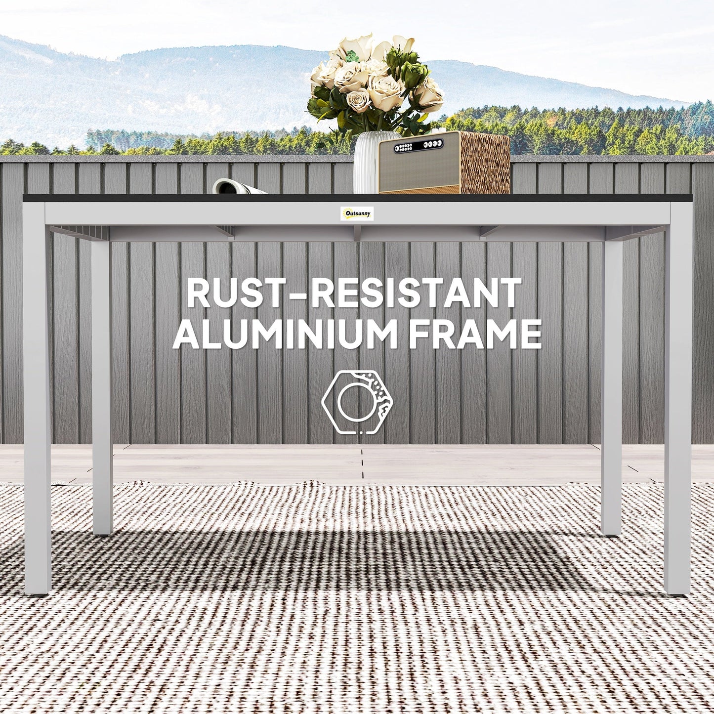 Outdoor Dining Table for 4-6, Patio Table with Easy Maintenance Slatted Top, Rust-Resistant Aluminium Frame, for Garden, Patio, Backyard, Balcony, 47" x 28", Black