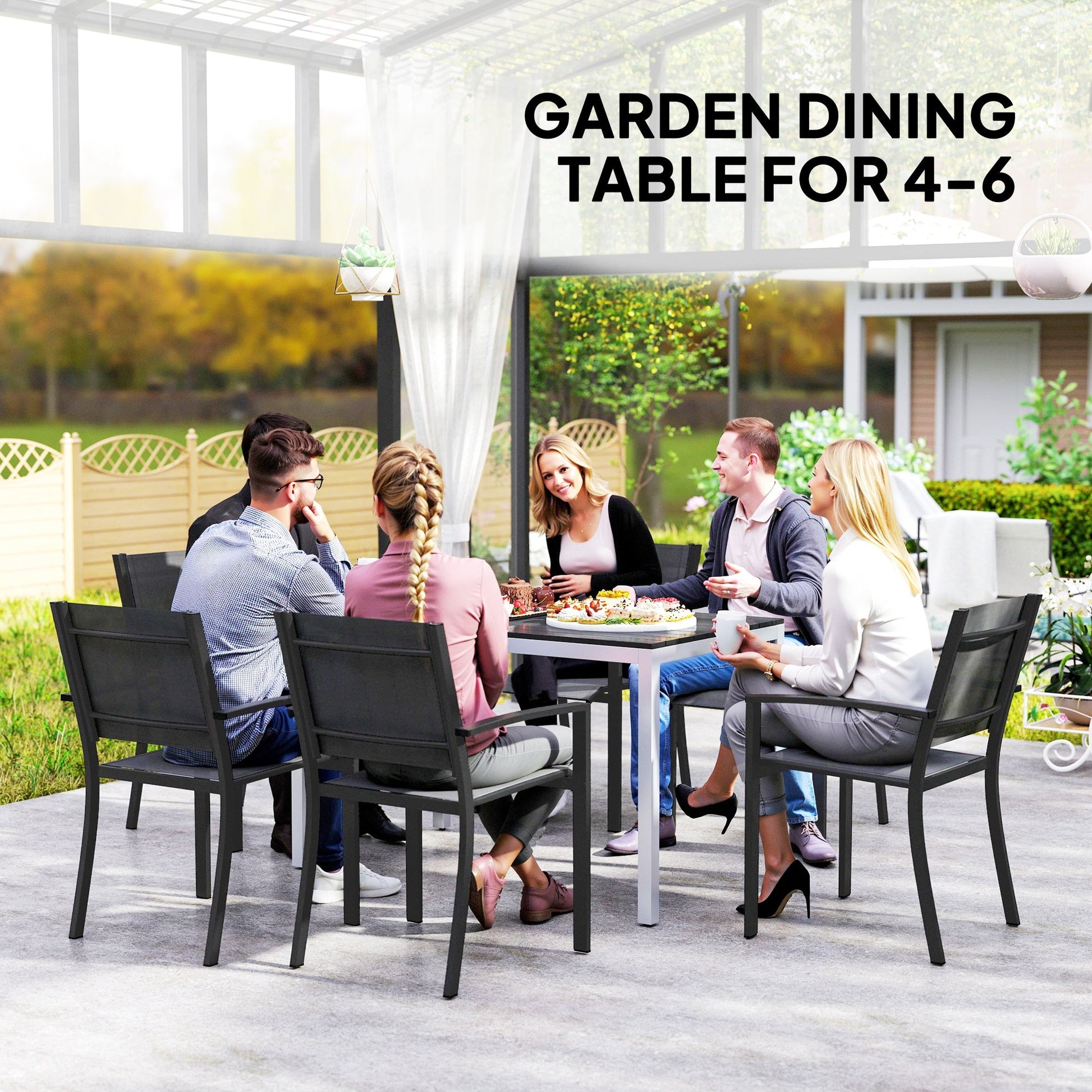 Outdoor Dining Table for 4-6, Patio Table with Easy Maintenance Slatted Top, Rust-Resistant Aluminium Frame, for Garden, Patio, Backyard, Balcony, 47" x 28", Black