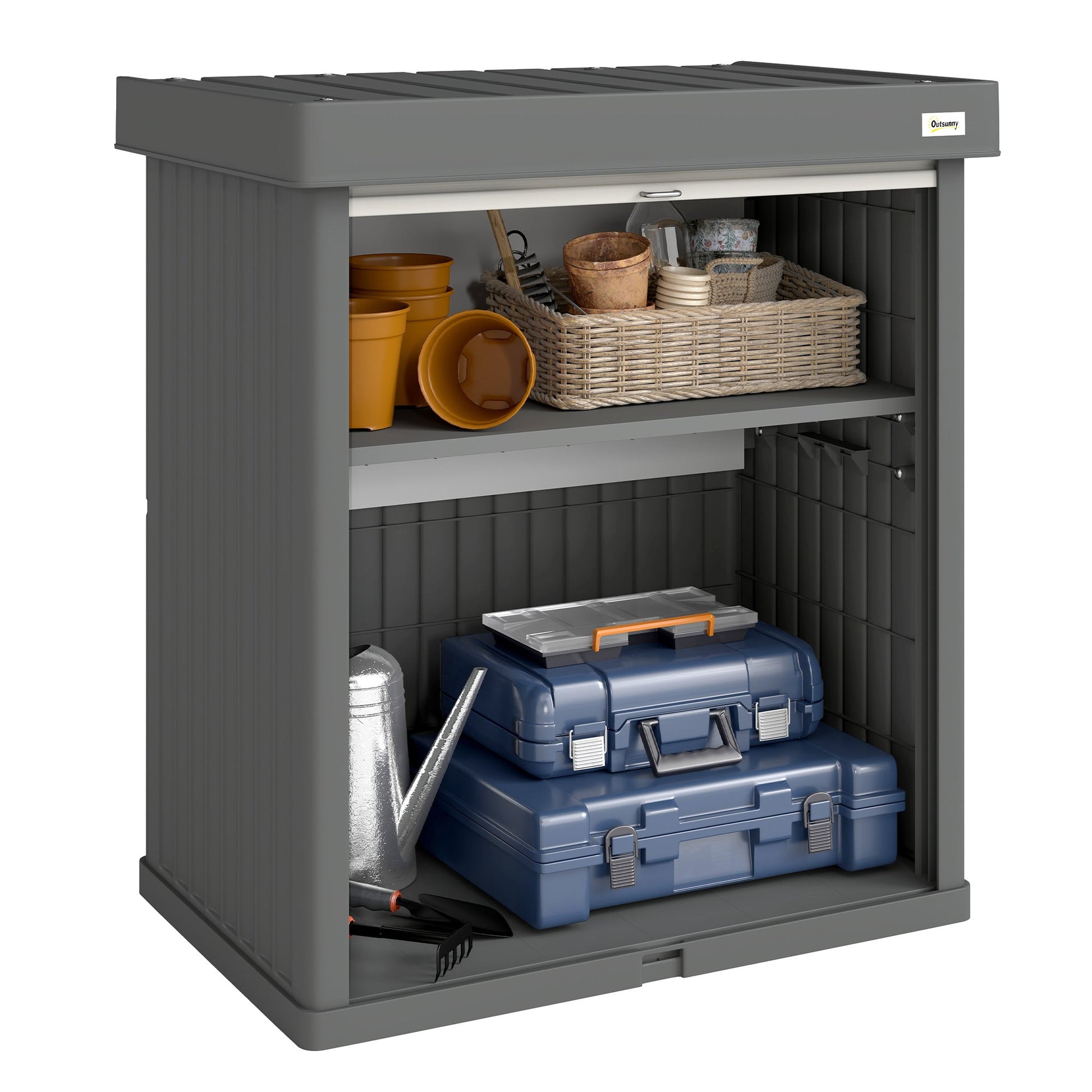 82 Gallon Outdoor Storage Box, Plastic Deck Box with Roll up Door and Removable Shelf, Splash-Resistant & UV Resistant Garden Storage Container for Patio, Porch, Grey