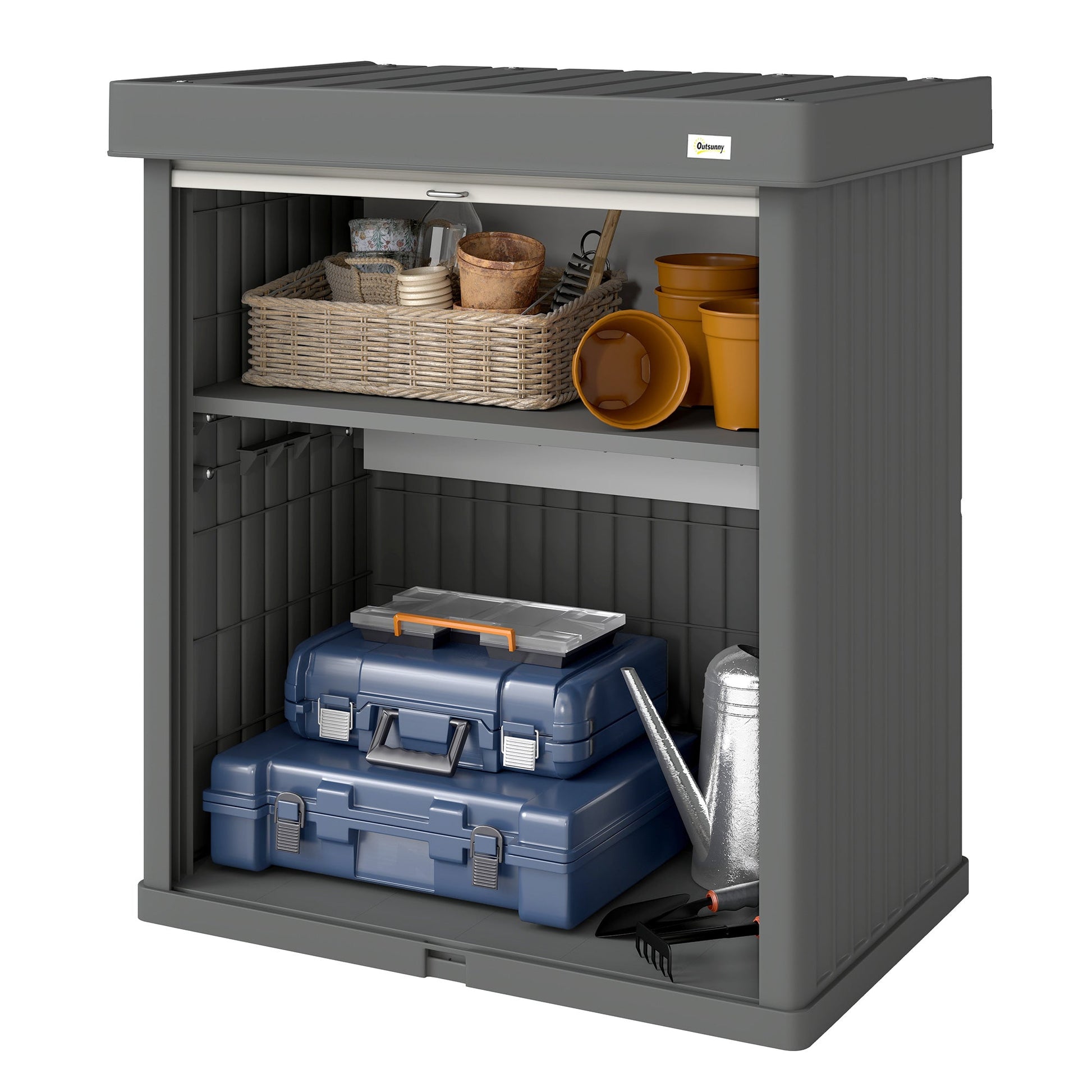 82 Gallon Outdoor Storage Box, Plastic Deck Box with Roll up Door and Removable Shelf, Splash-Resistant & UV Resistant Garden Storage Container for Patio, Porch, Grey