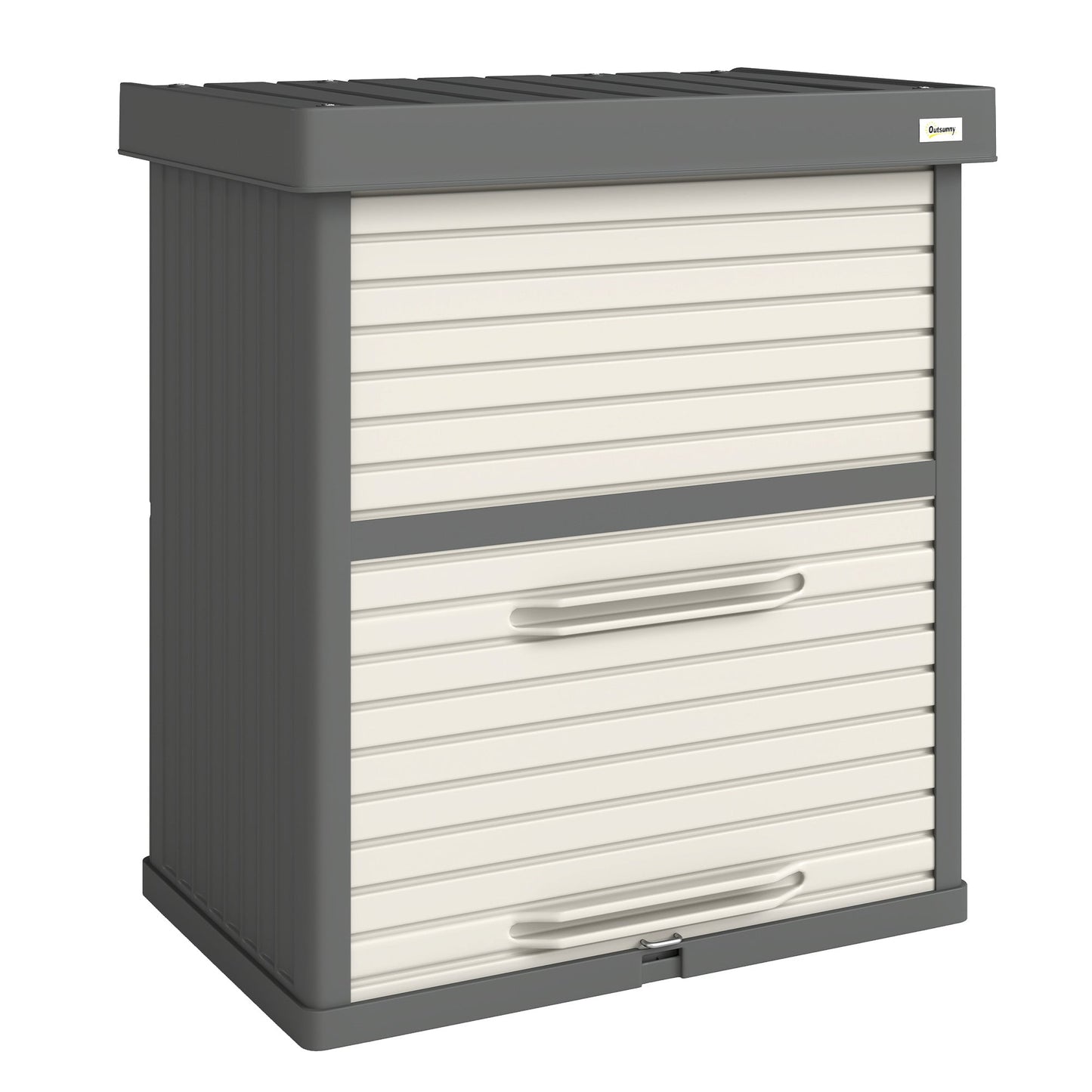 82 Gallon Outdoor Storage Box, Plastic Deck Box with Roll up Door and Removable Shelf, Splash-Resistant & UV Resistant Garden Storage Container for Patio, Porch, Grey