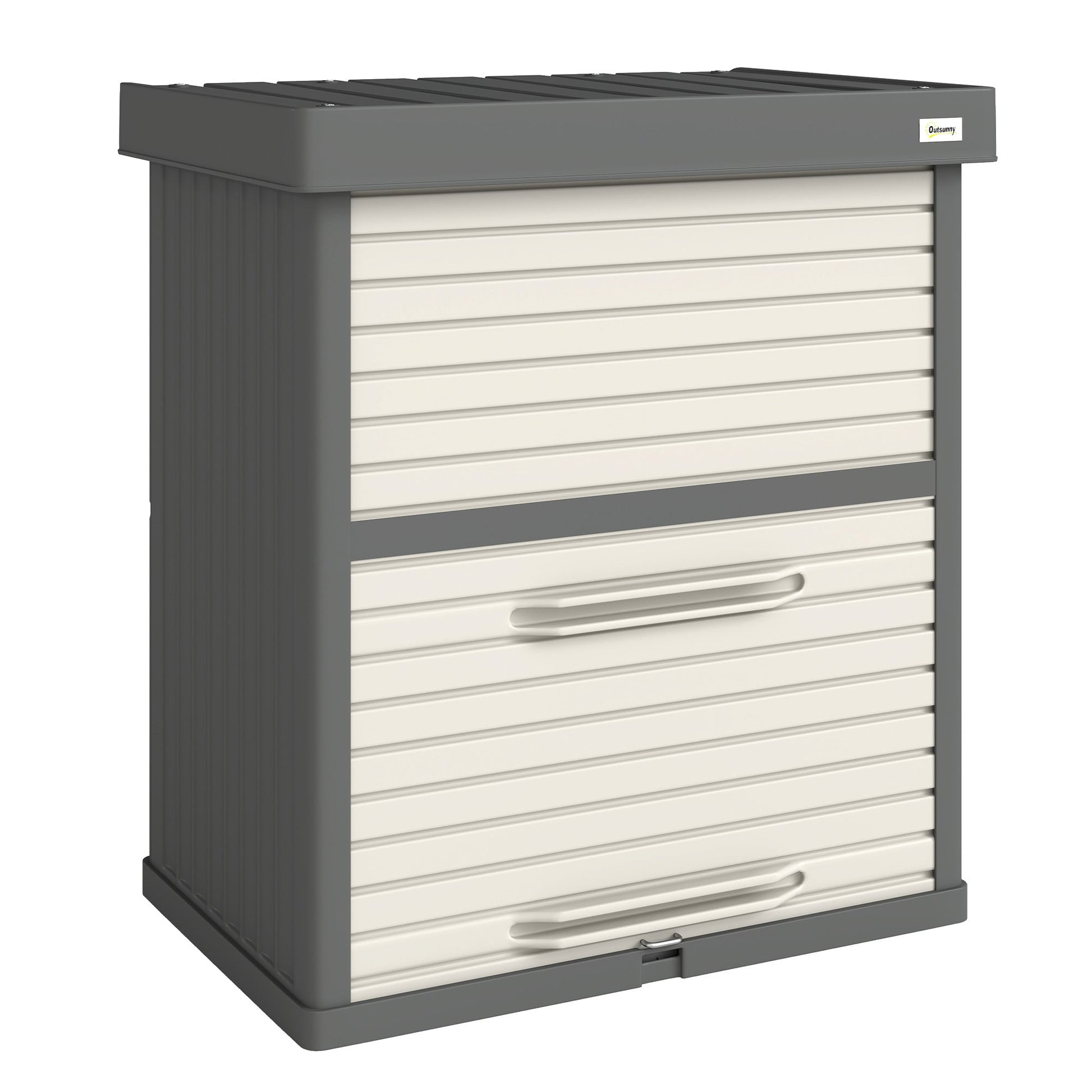 82 Gallon Outdoor Storage Box, Plastic Deck Box with Roll up Door and Removable Shelf, Splash-Resistant & UV Resistant Garden Storage Container for Patio, Porch, Grey