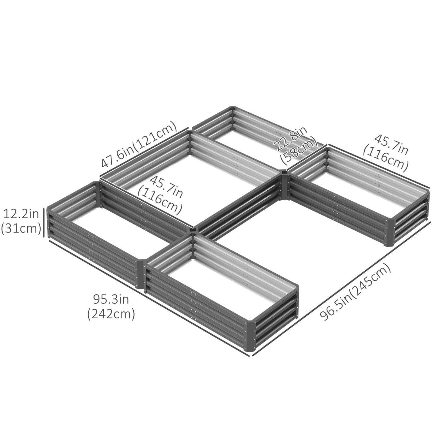 8 x 8ft DIY Raised Garden Bed, Set of 5 Large Steel Box Planters for Outdoor Plants, Vegetables, Flowers, Herbs, Easy Assembly, Grey