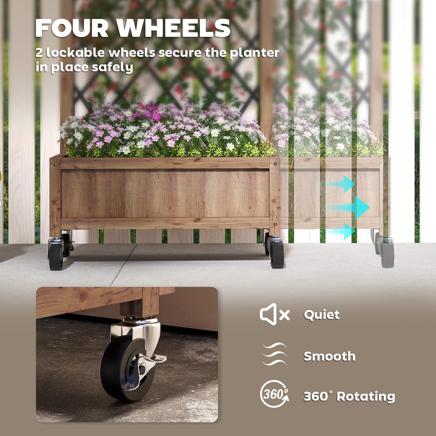 Raised Garden Bed with Metal Trellis, Pack of 2 Wooden Elevated Planter Box with Wheels and Drainage Holes, Outdoor Raised Planter for Climbing Plants, Flowers, Brown