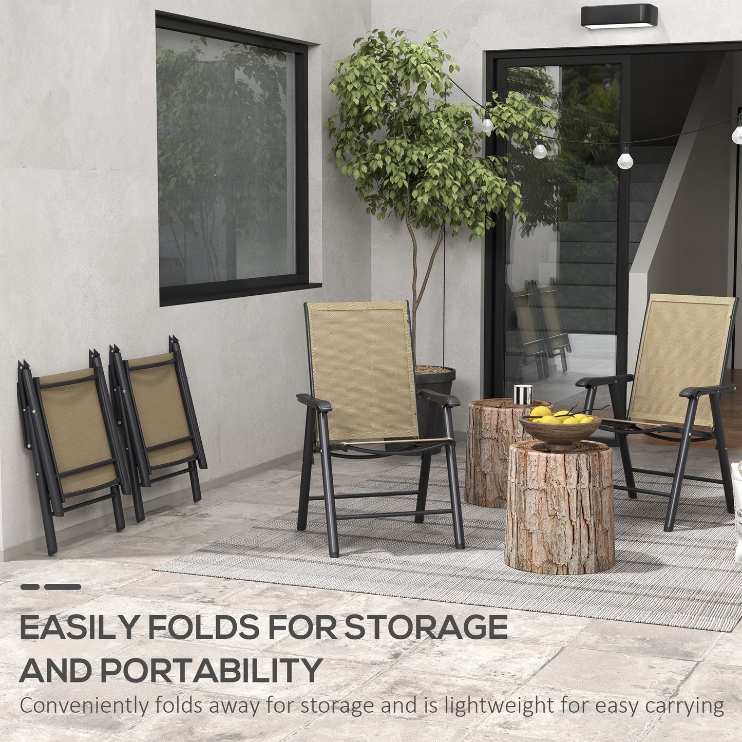 4-Piece Folding Dining Chair Set for Relaxing on Patio, Balcony, or Garden, Comfortable Outdoor Furniture with Armrests, Light Mixed Brown