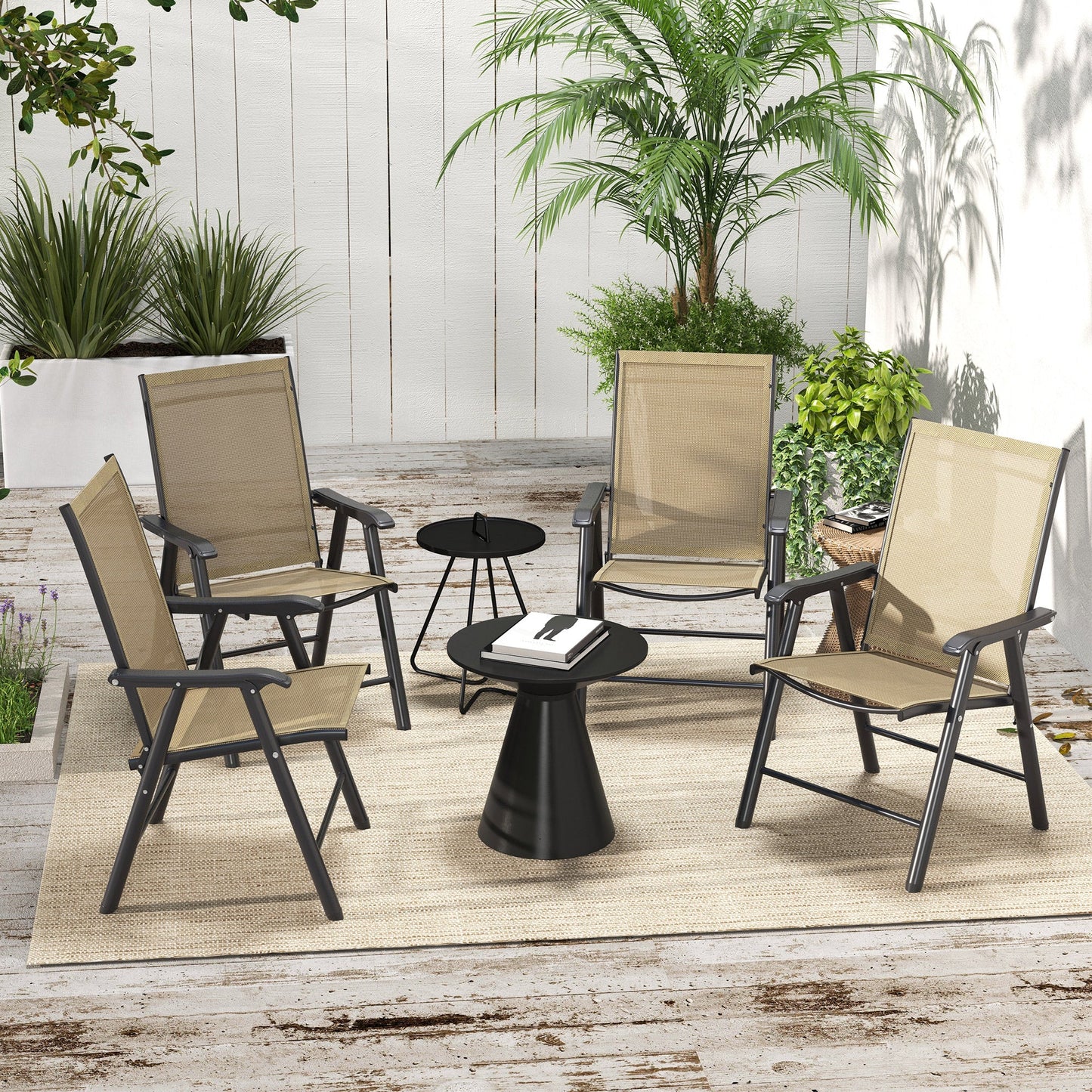 4-Piece Folding Dining Chair Set for Relaxing on Patio, Balcony, or Garden, Comfortable Outdoor Furniture with Armrests, Light Mixed Brown