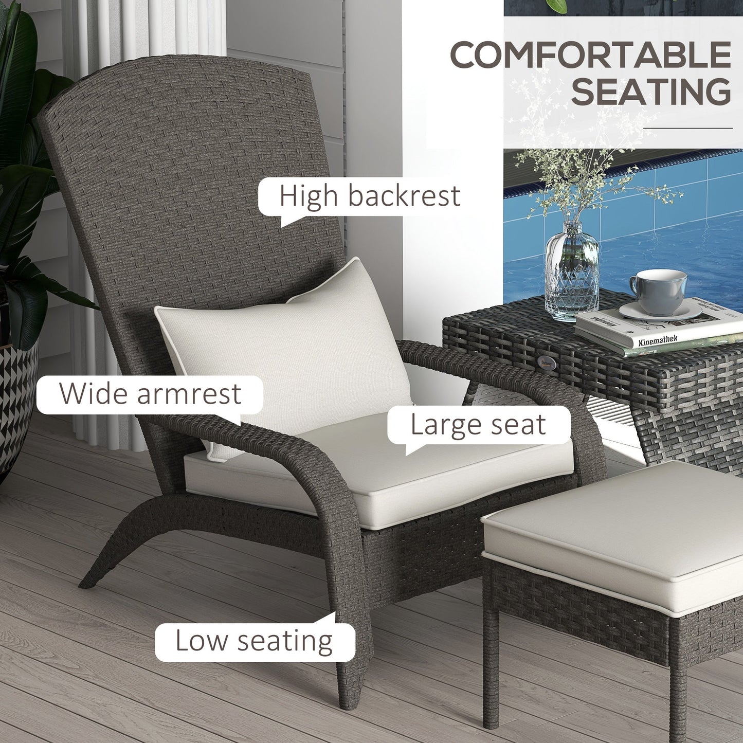 Wicker Adirondack Chair with Ottoman, Patio Cushioned Muskoka Chair, Outdoor Fire Pit Chair with High-back and Armrests, for Deck, Garden, Backyard, Grey/Cream White