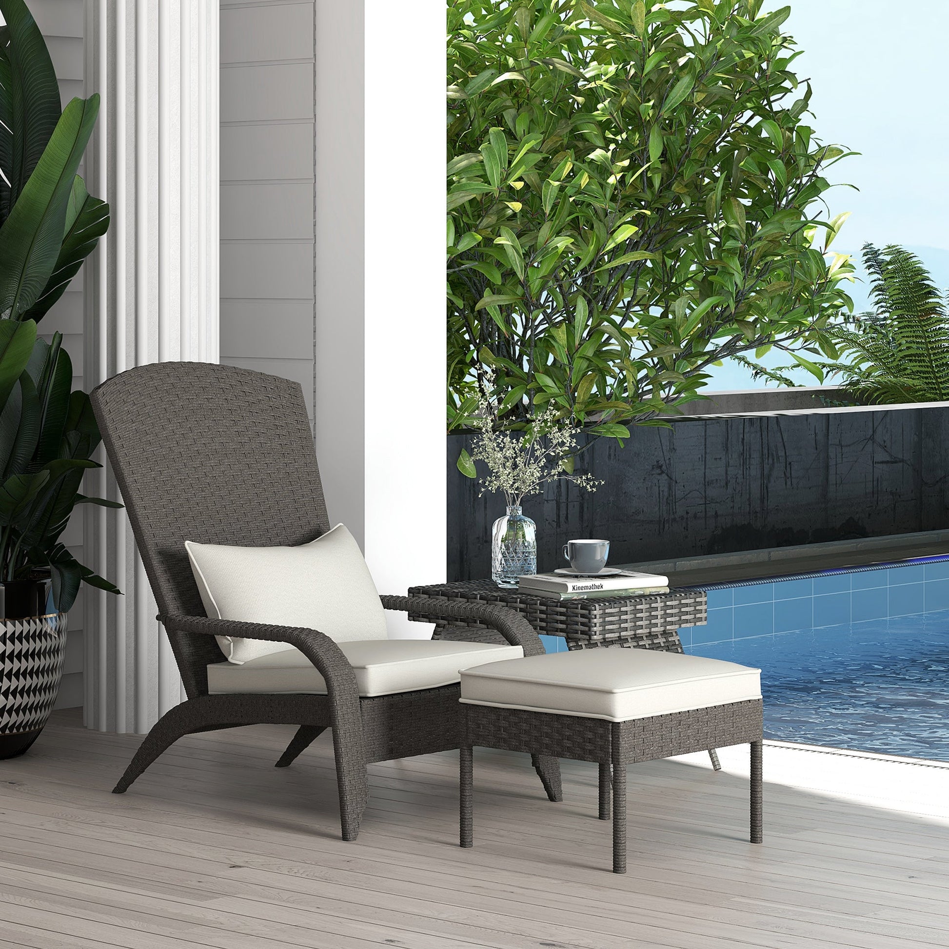 Wicker Adirondack Chair with Ottoman, Patio Cushioned Muskoka Chair, Outdoor Fire Pit Chair with High-back and Armrests, for Deck, Garden, Backyard, Grey/Cream White