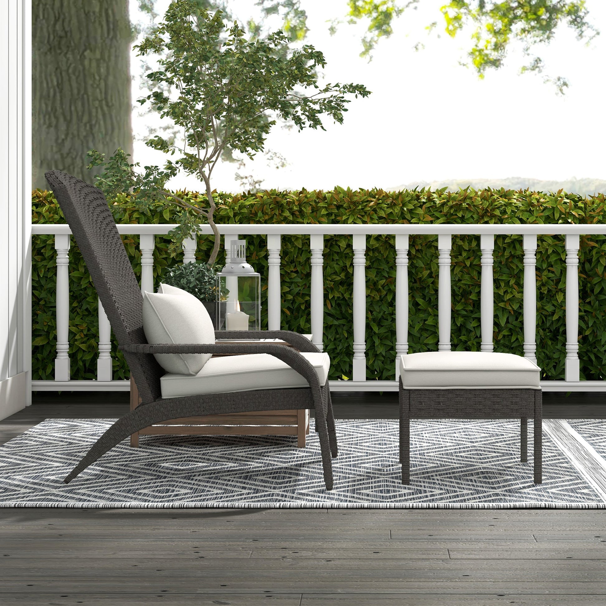 Wicker Adirondack Chair with Ottoman, Patio Cushioned Muskoka Chair, Outdoor Fire Pit Chair with High-back and Armrests, for Deck, Garden, Backyard, Grey/Cream White
