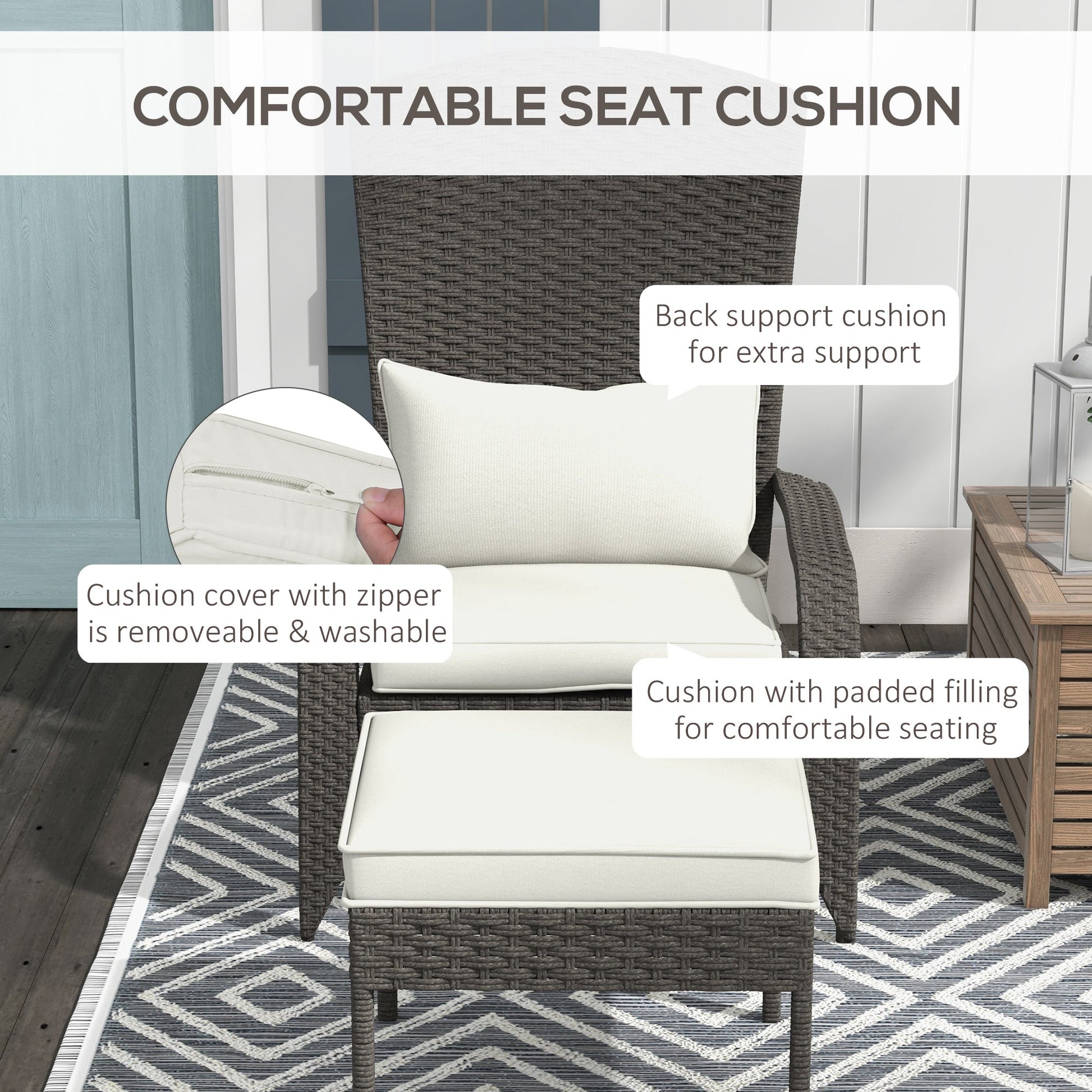 Wicker Adirondack Chair with Ottoman, Patio Cushioned Muskoka Chair, Outdoor Fire Pit Chair with High-back and Armrests, for Deck, Garden, Backyard, Grey/Cream White