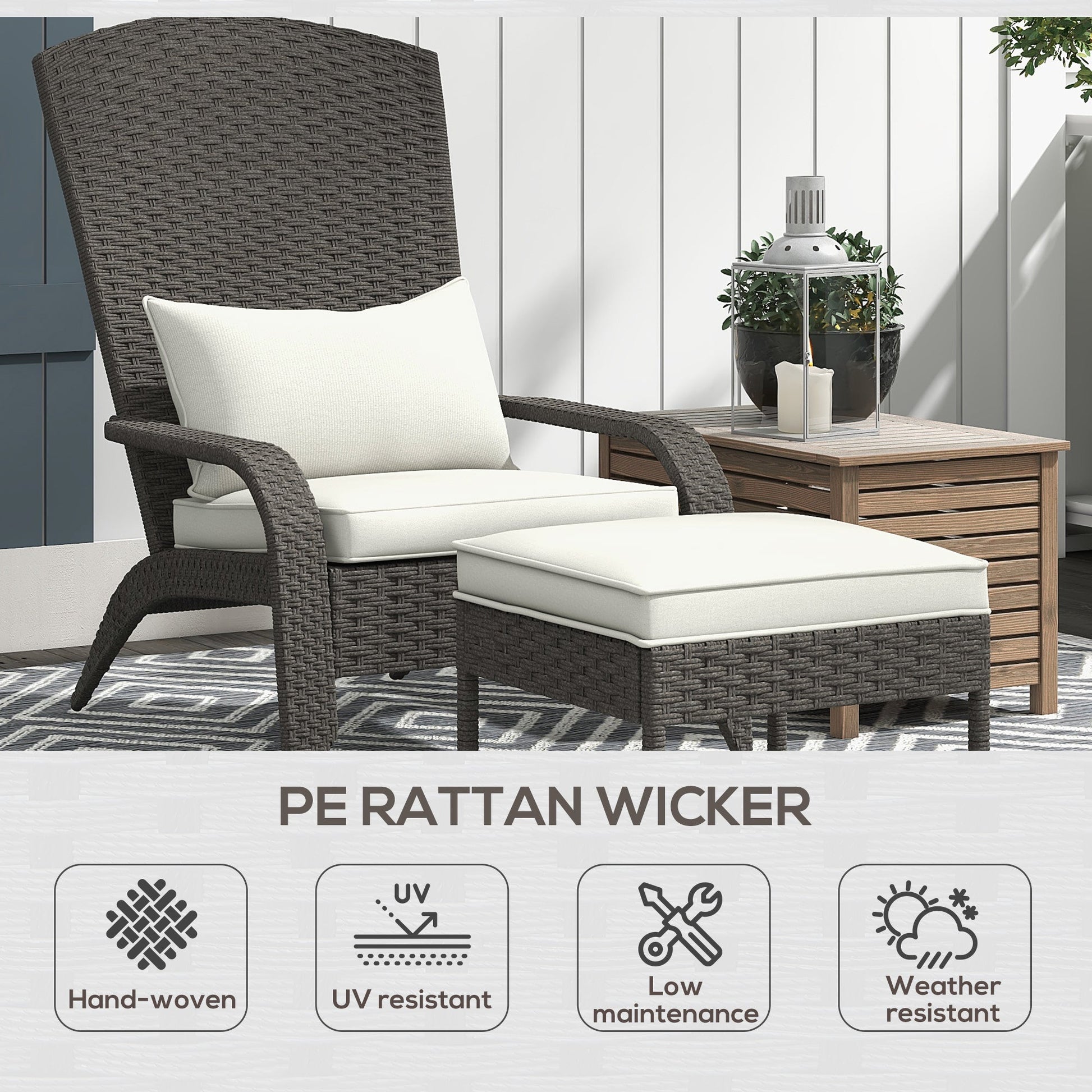 Wicker Adirondack Chair with Ottoman, Patio Cushioned Muskoka Chair, Outdoor Fire Pit Chair with High-back and Armrests, for Deck, Garden, Backyard, Grey/Cream White