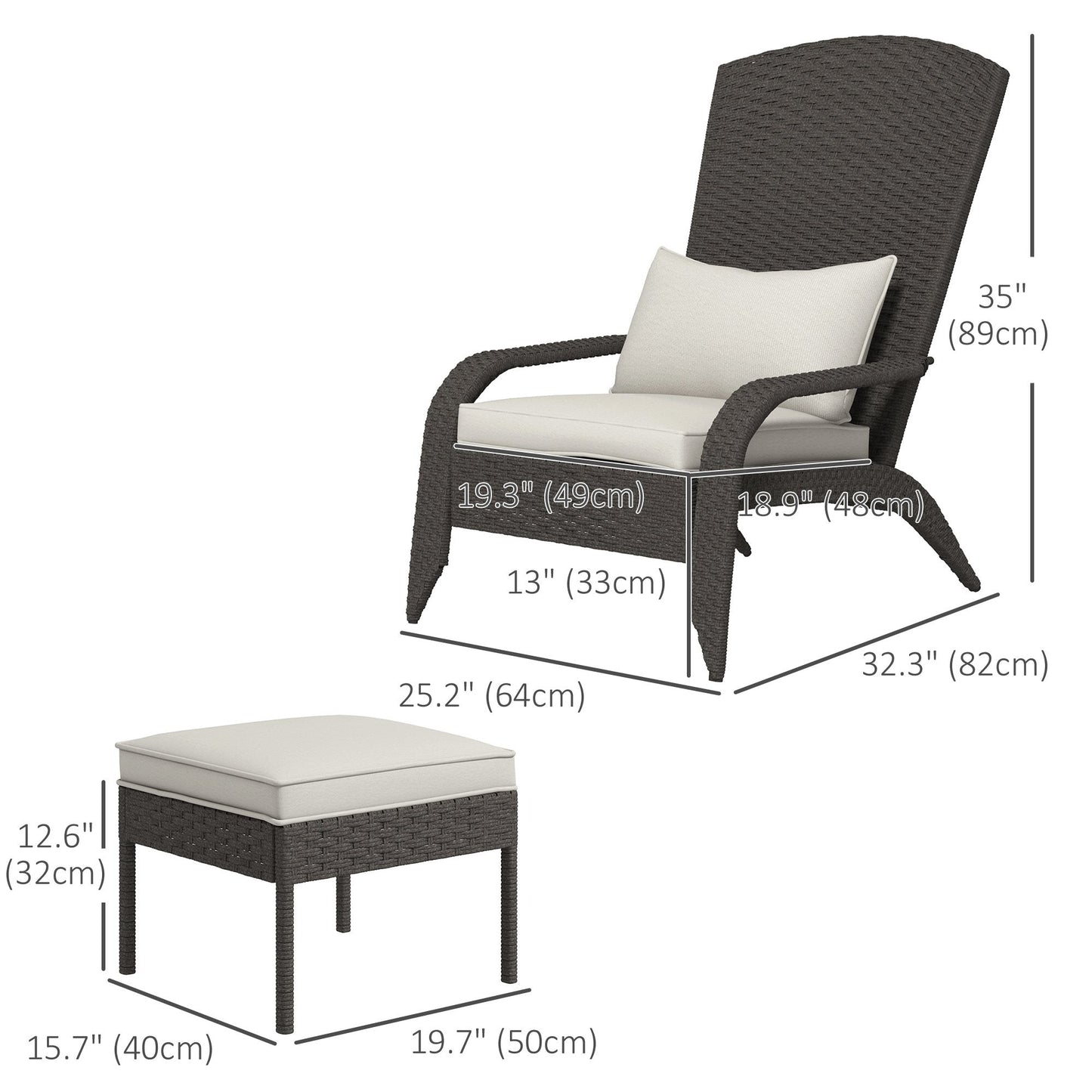 Wicker Adirondack Chair with Ottoman, Patio Cushioned Muskoka Chair, Outdoor Fire Pit Chair with High-back and Armrests, for Deck, Garden, Backyard, Grey/Cream White
