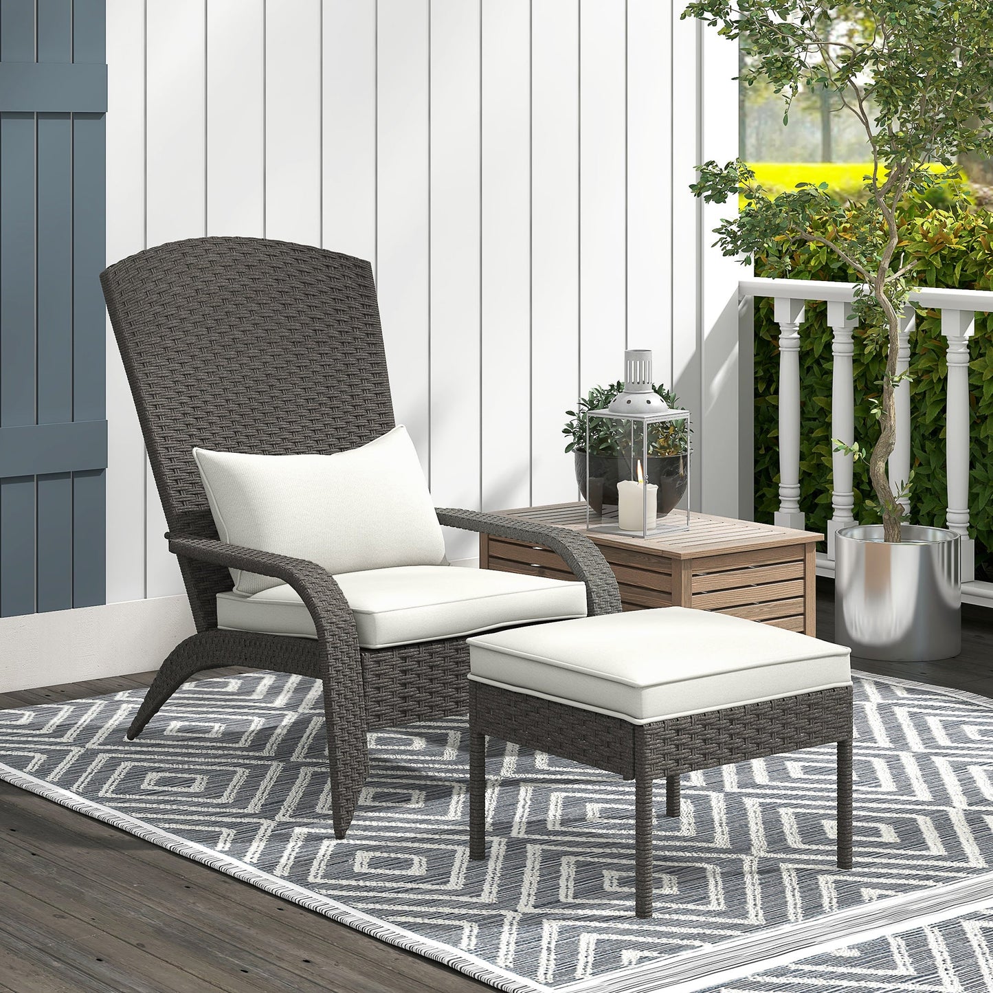 Wicker Adirondack Chair with Ottoman, Patio Cushioned Muskoka Chair, Outdoor Fire Pit Chair with High-back and Armrests, for Deck, Garden, Backyard, Grey/Cream White