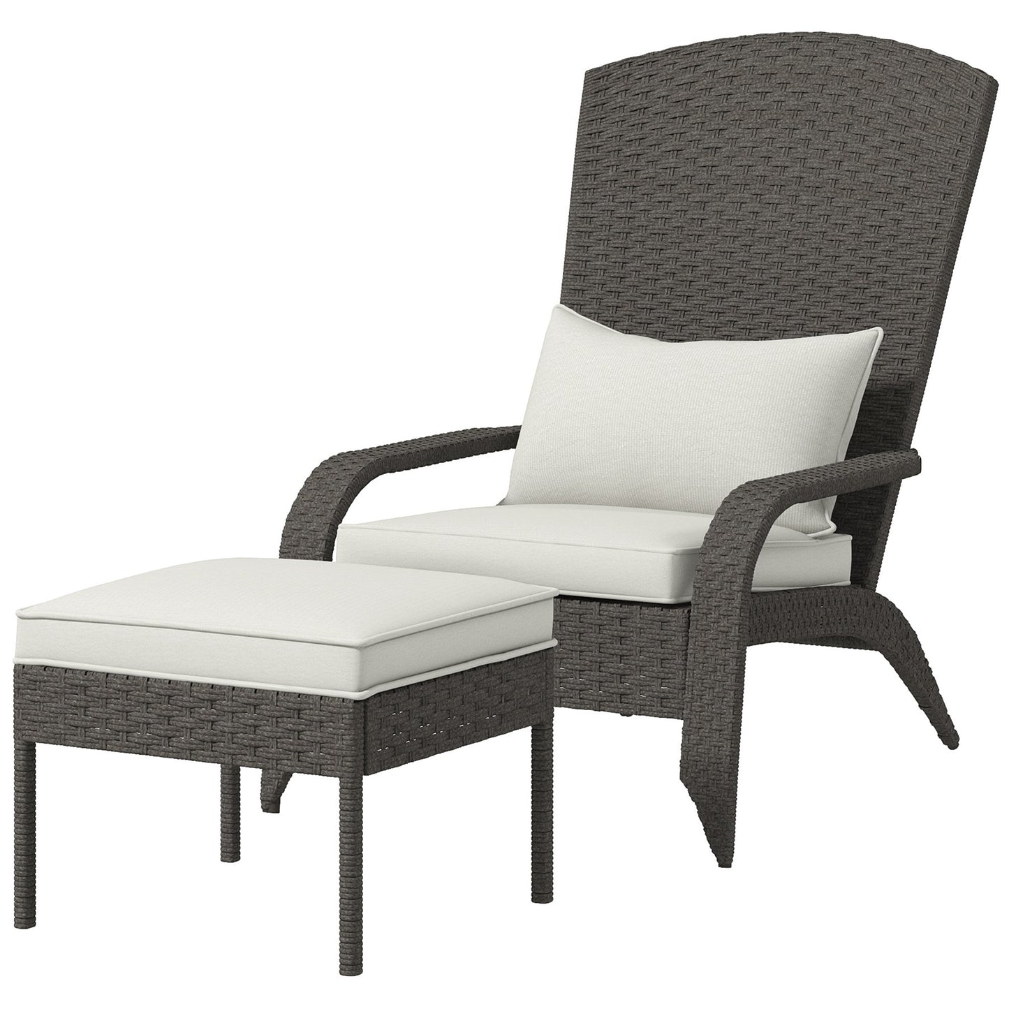 Wicker Adirondack Chair with Ottoman, Patio Cushioned Muskoka Chair, Outdoor Fire Pit Chair with High-back and Armrests, for Deck, Garden, Backyard, Grey/Cream White