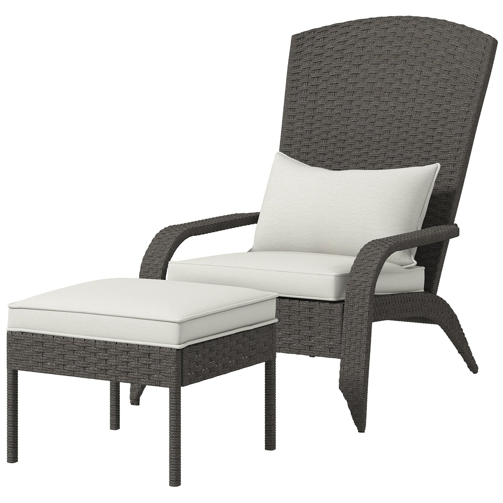 Wicker Adirondack Chair with Ottoman, Patio Cushioned Muskoka Chair, Outdoor Fire Pit Chair with High-back and Armrests, for Deck, Garden, Backyard, Grey/Cream White