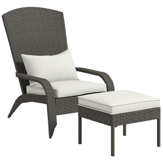 Wicker Adirondack Chair with Ottoman, Patio Cushioned Muskoka Chair, Outdoor Fire Pit Chair with High-back and Armrests, for Deck, Garden, Backyard, Grey/Cream White