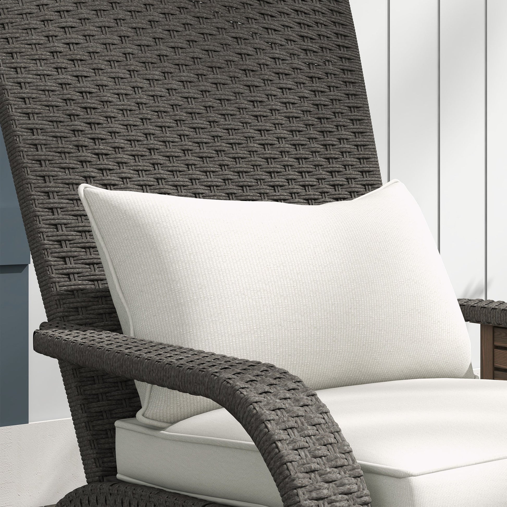 Wicker Adirondack Chair with Ottoman, Patio Cushioned Muskoka Chair, Outdoor Fire Pit Chair with High-back and Armrests, for Deck, Garden, Backyard, Grey/Cream White