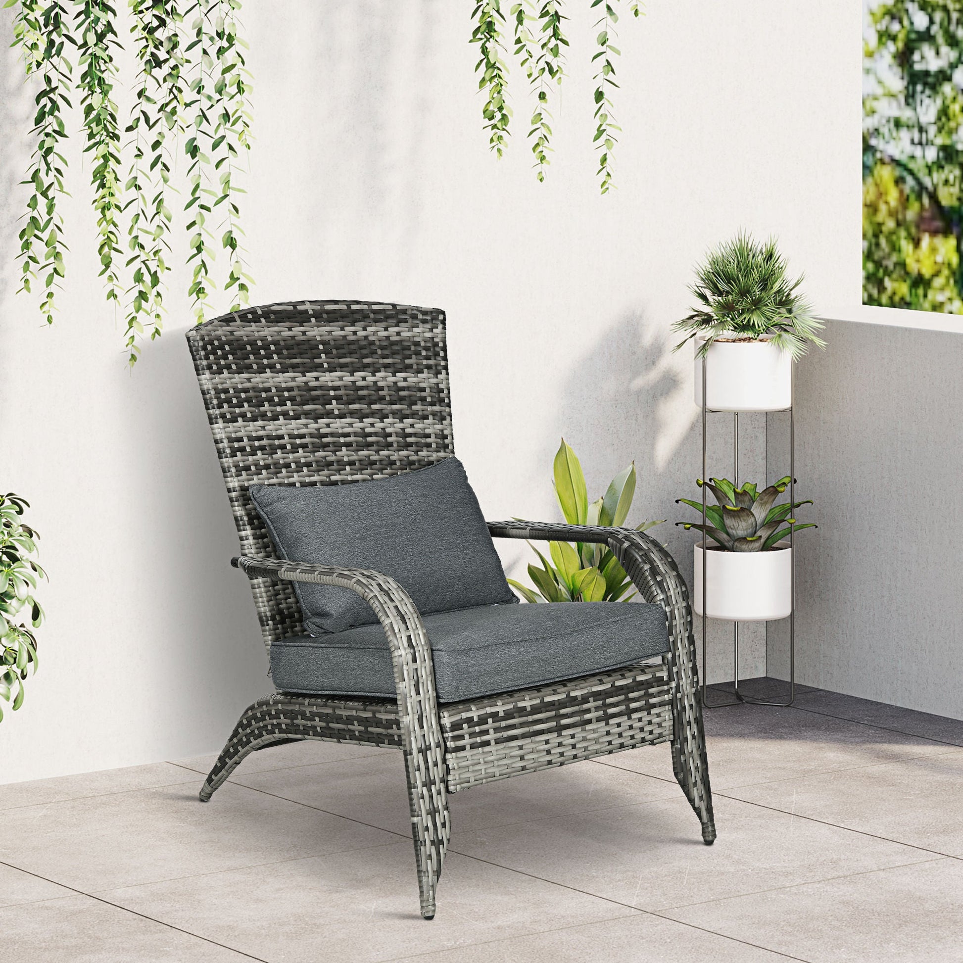 Patio Wicker Adirondack Chair, Outdoor PE Rattan Fire Pit Chair, Muskoka Chair w/ Soft Cushions, Tall Curved Backrest and Comfortable Armrests for Deck Garden, Grey