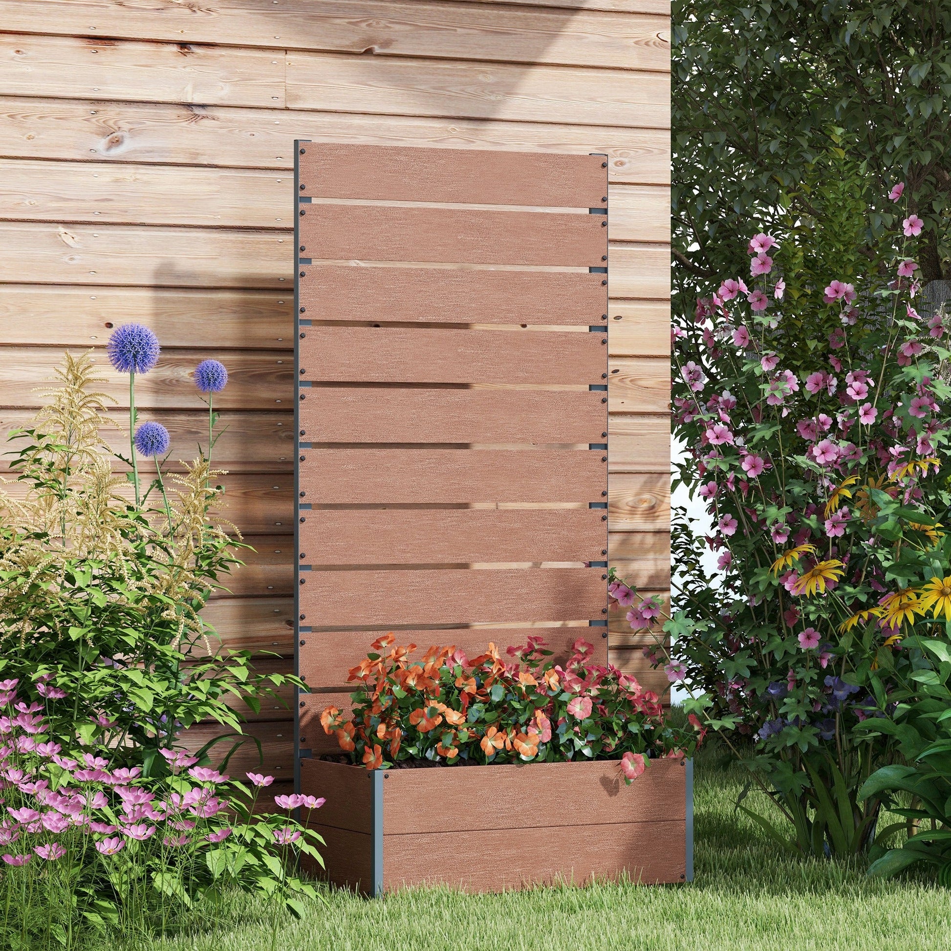 Raised Garden Bed with Trellis for Climbing Plants, 28" x 15" x 59" Planter Box with Self Draining Gap, Freestanding Trellis Planter for Outdoor, Patio, Light Brown